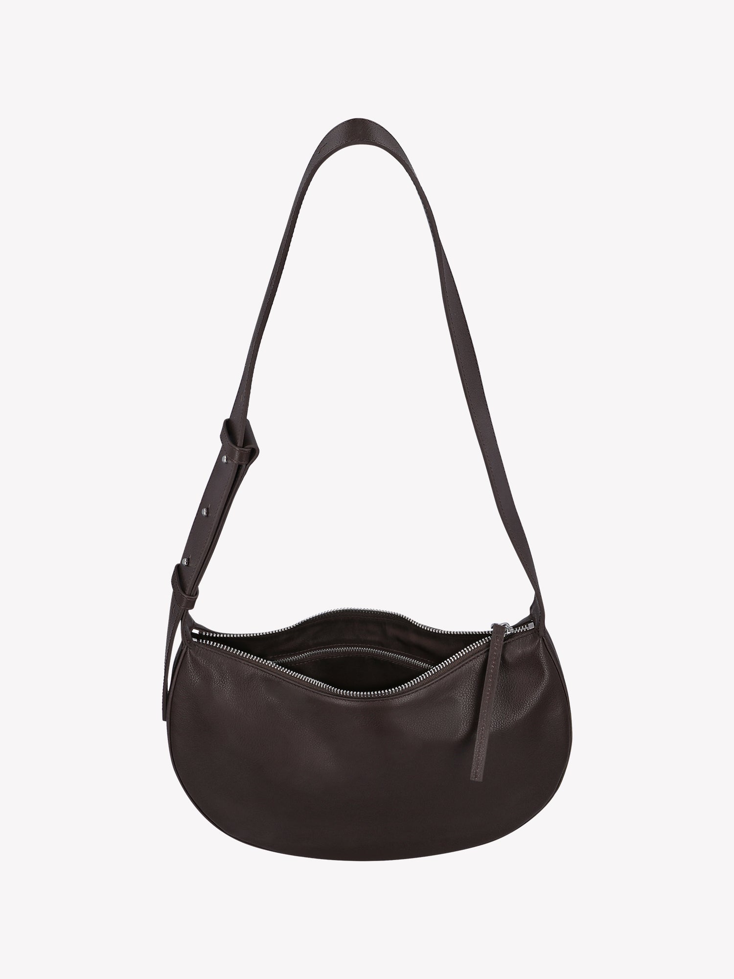 Nanso OLKA KUU - half moon-shaped leather shoulder bag in dark brown, pictured with zip open