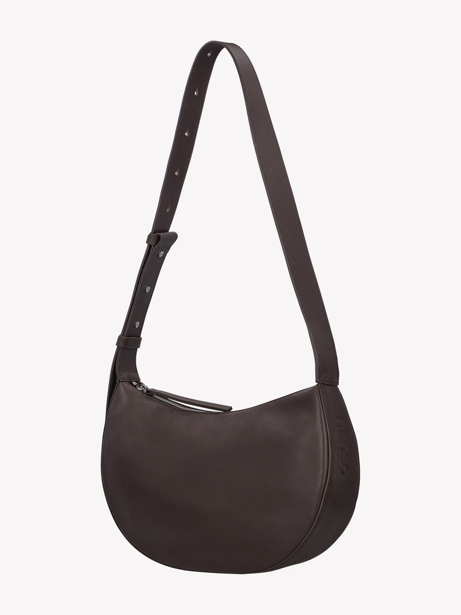 Nanso OLKA KUU - half moon-shaped leather shoulder bag in dark brown, side angle