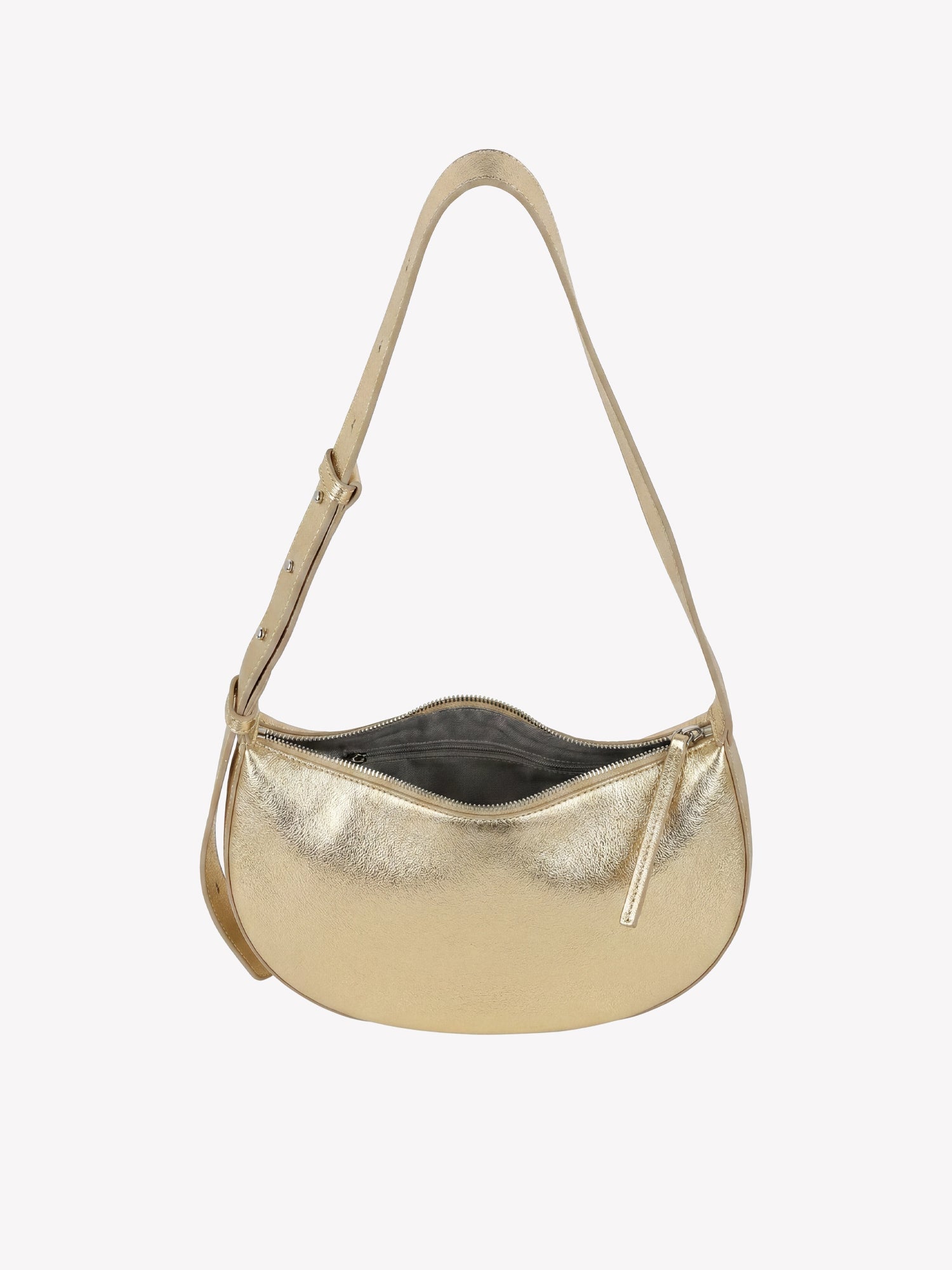 Nanso OLKA KUU - half moon-shaped leather shoulder bag in gold, pic from above with zip open.