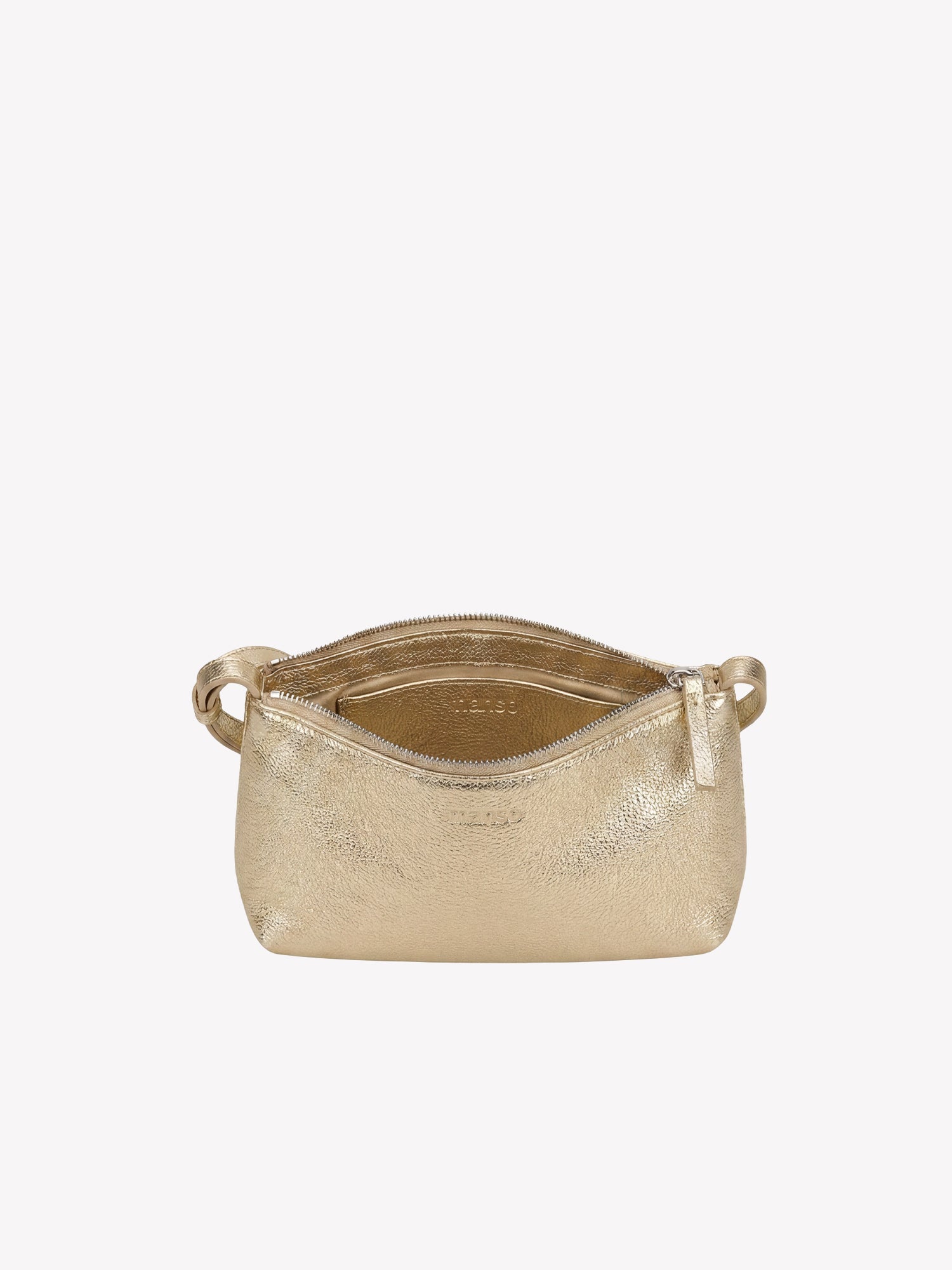 Nanso sleek Naru leather bag in gold, product picture with the zip opened