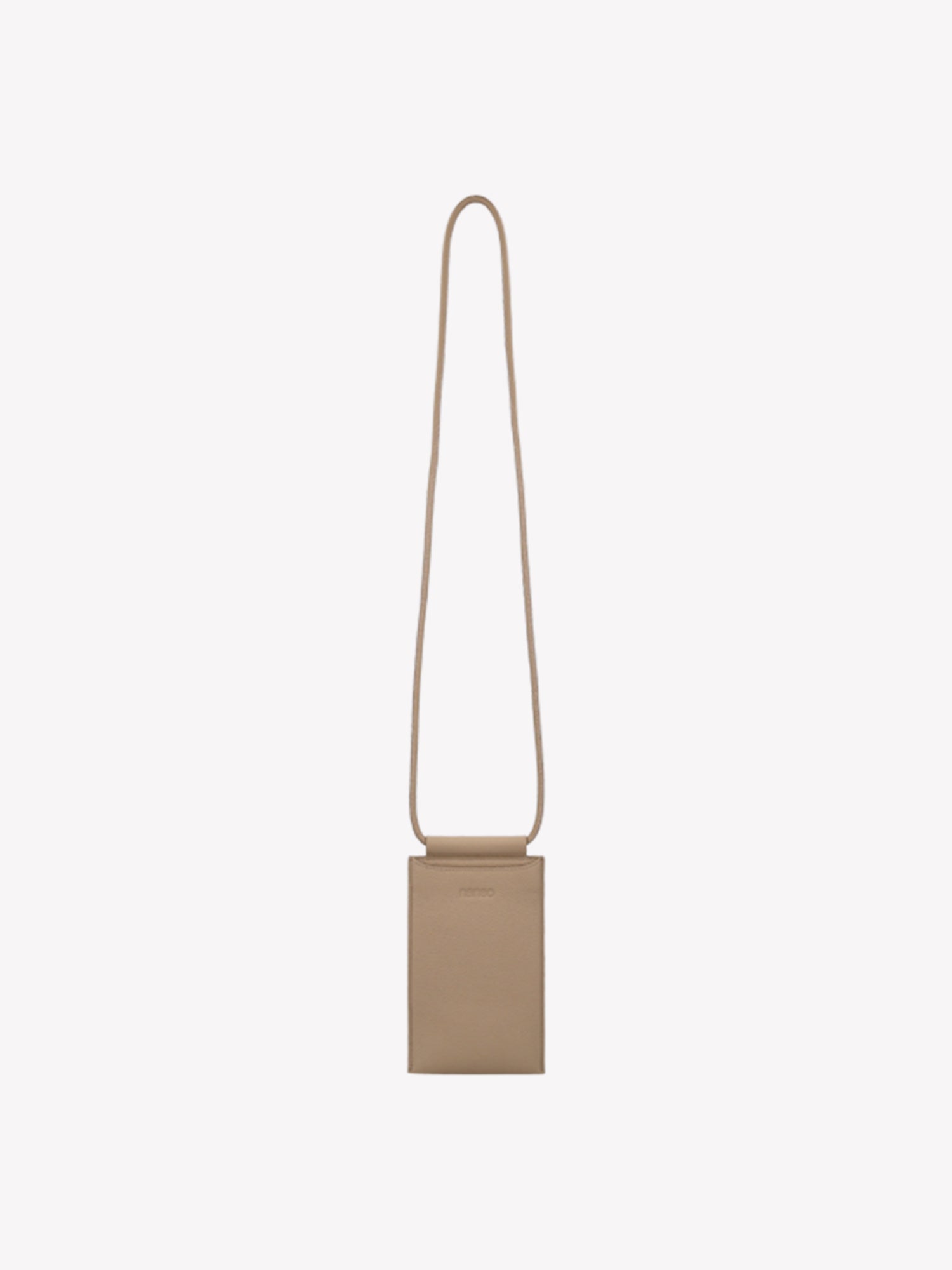 Nanso stylish light beige Mini Naru phone bag. This compact leather bag features a long shoulder strap and a small pocket for your card essentials. Product picture from the front.