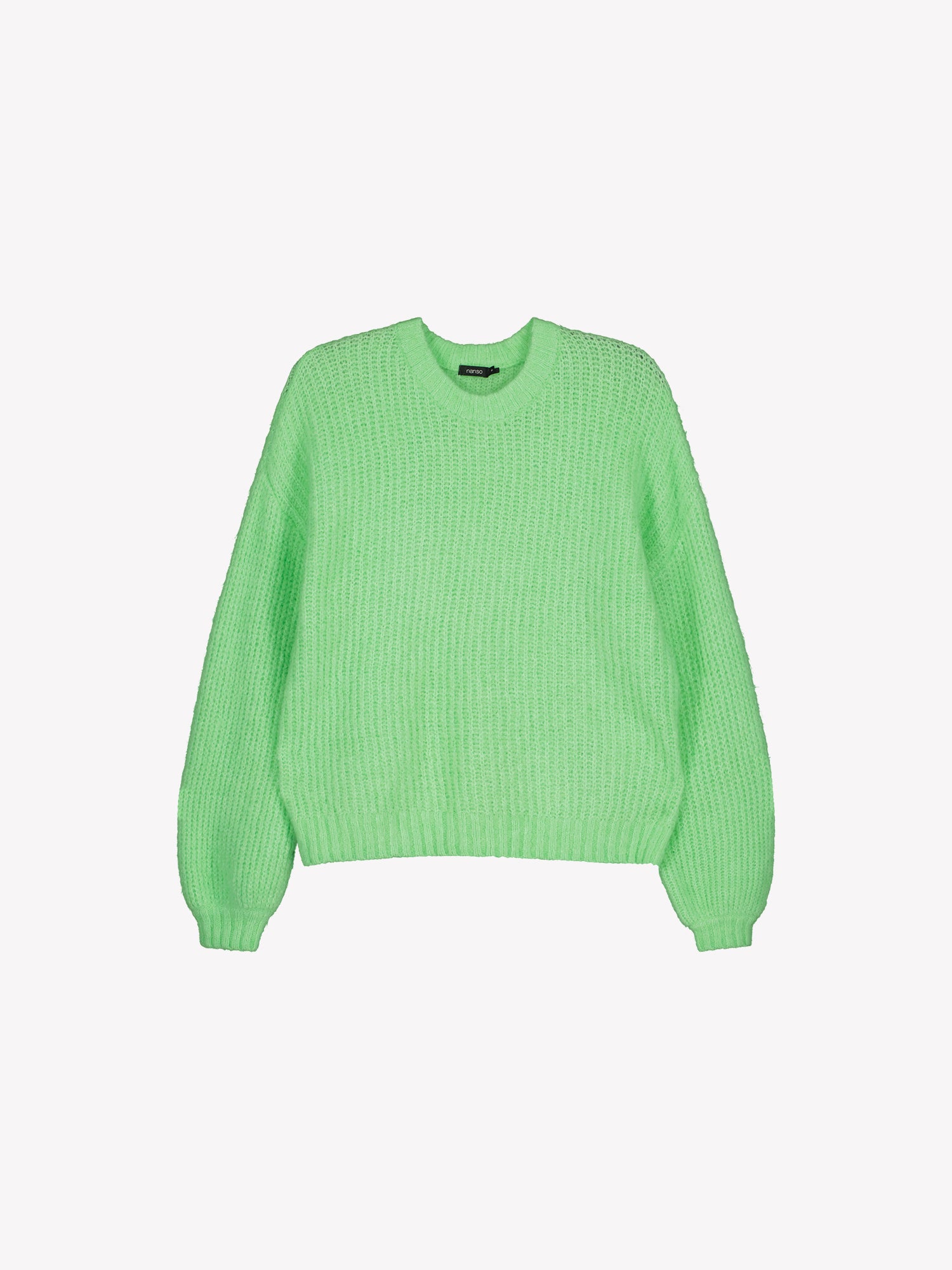 KARAMELLI women's luxurious mohair blend Knit Sweater in light green shade features a round neckline and full-length sleeves. Product picture.