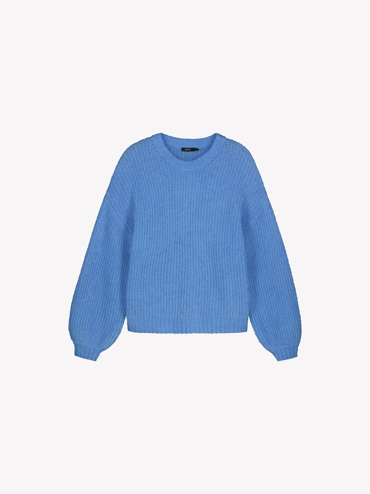 KARAMELLI women's luxurious mohair blend Knit Sweater in blue shade features a round neckline and full-length sleeves. Product picture.