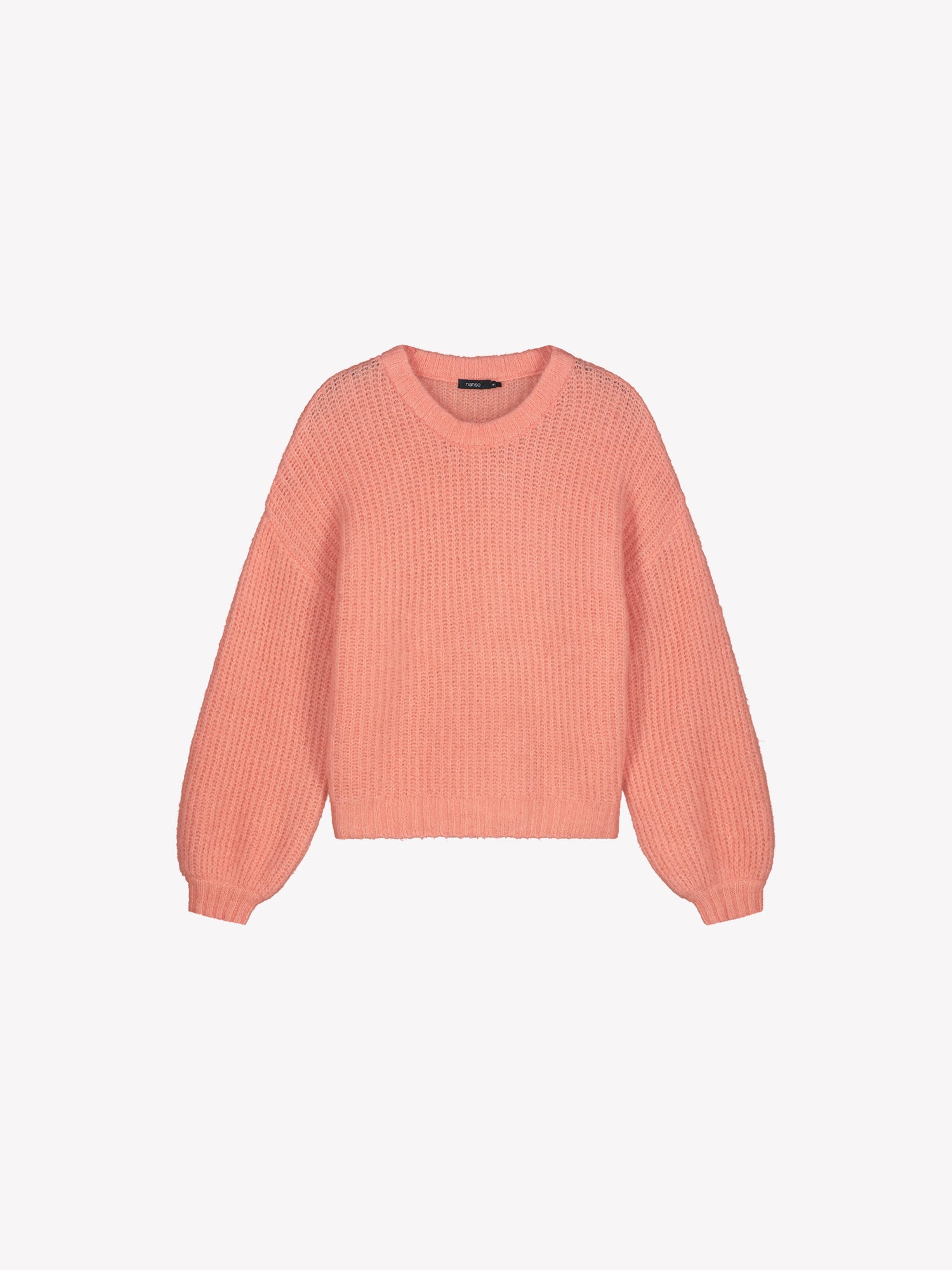 KARAMELLI women's luxurious mohair blend Knit Sweater in coral shade features a round neckline and full-length sleeves. Product picture.
