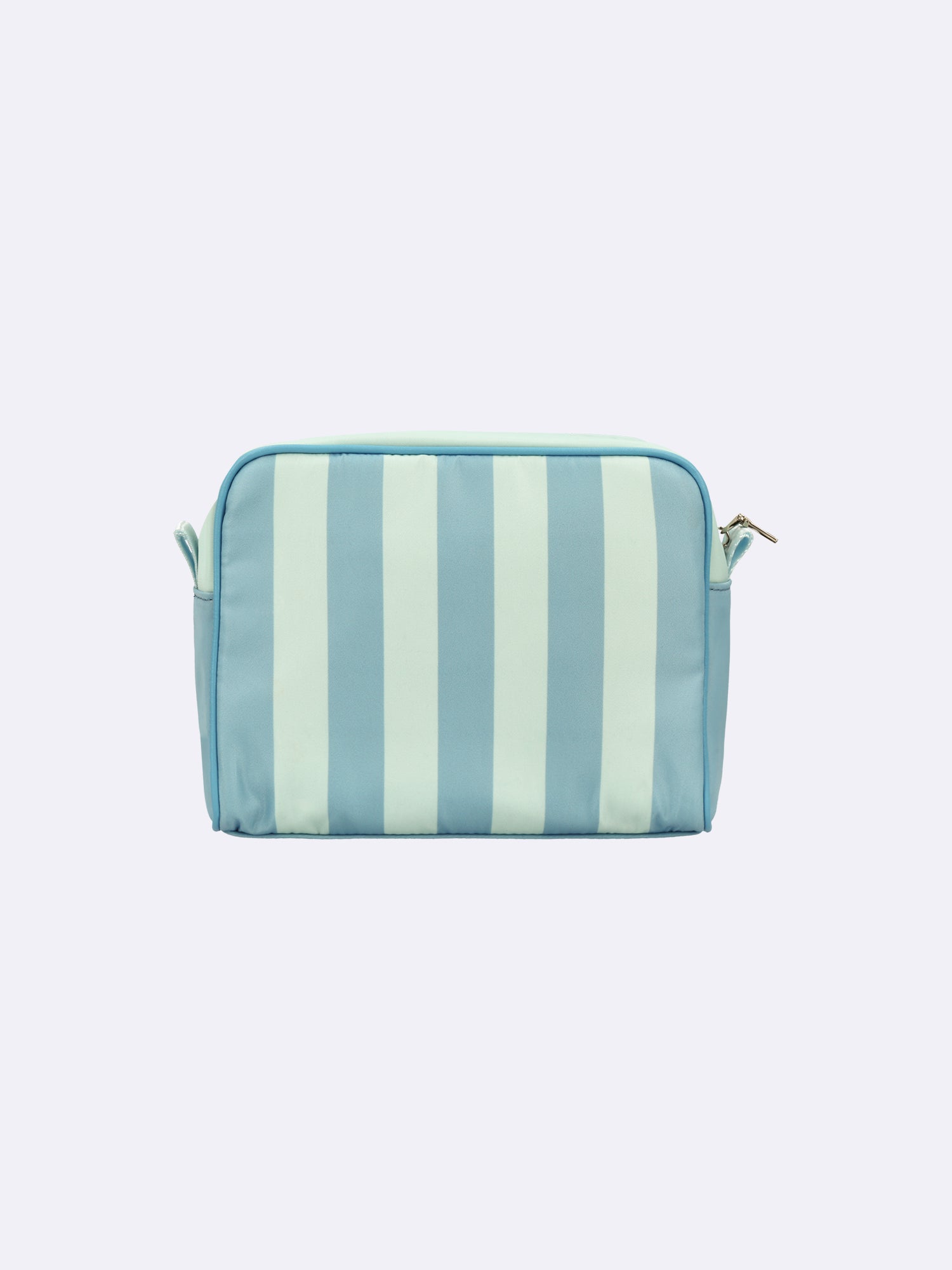 Nanso home's TIE cosmetics bag in light blue with stripes from front. 