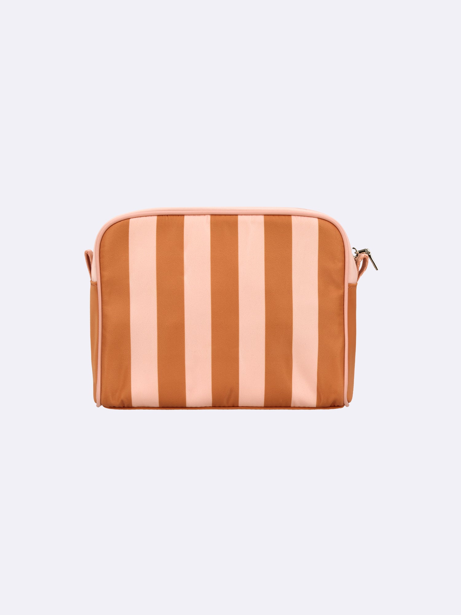 Nanso home's TIE cosmetics bag in orange with stripes from front. 