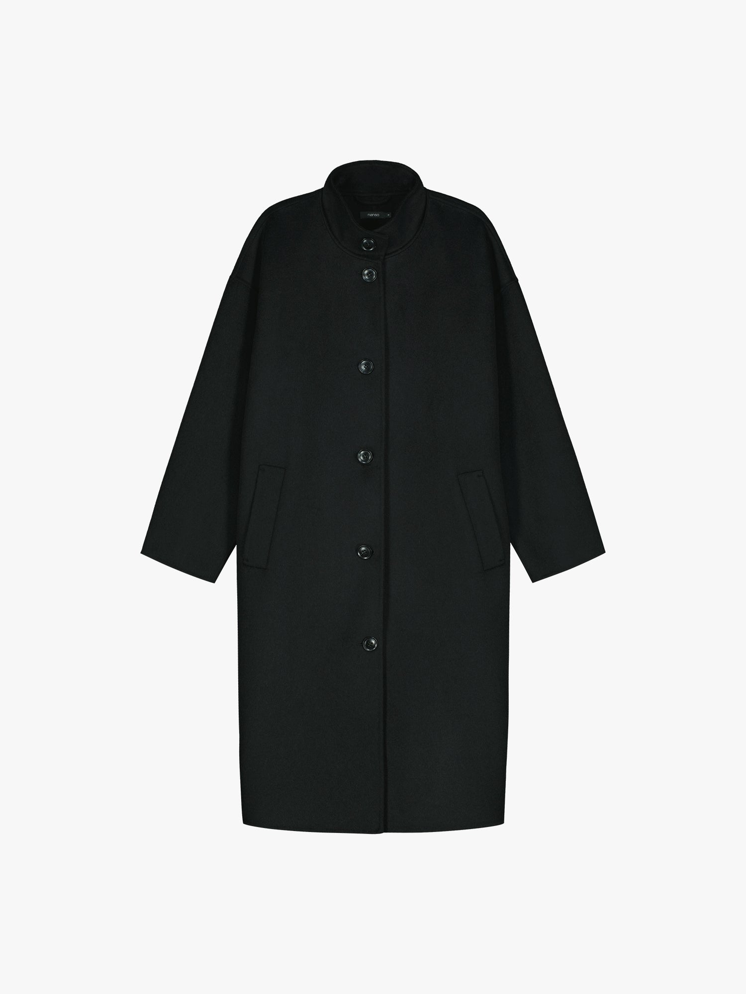 Nanso women's long black Elle wool coat in a product picture