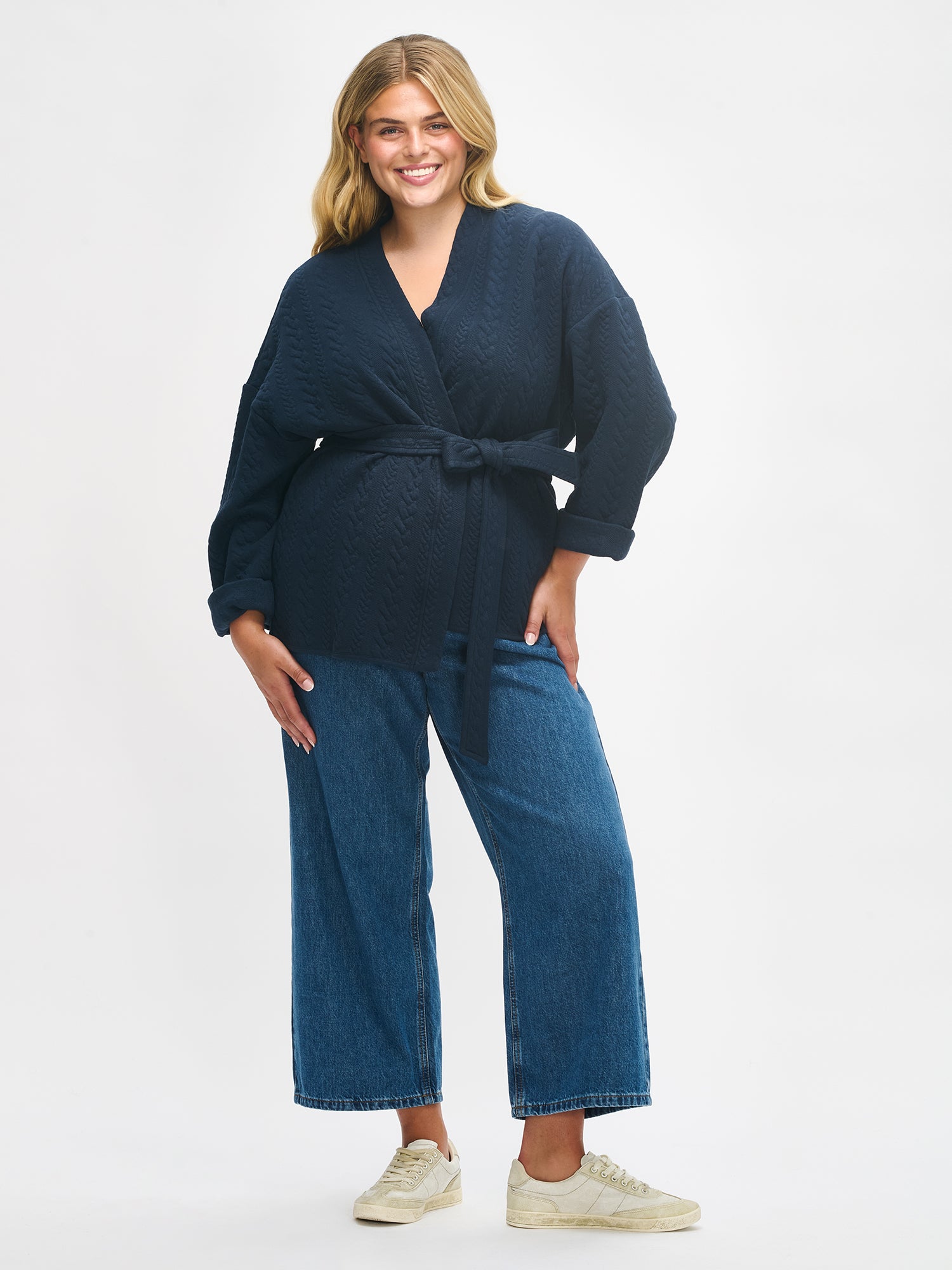 Nanso women's dark blue Letti cardigan features a detachable belt and long sleeves. Size XL