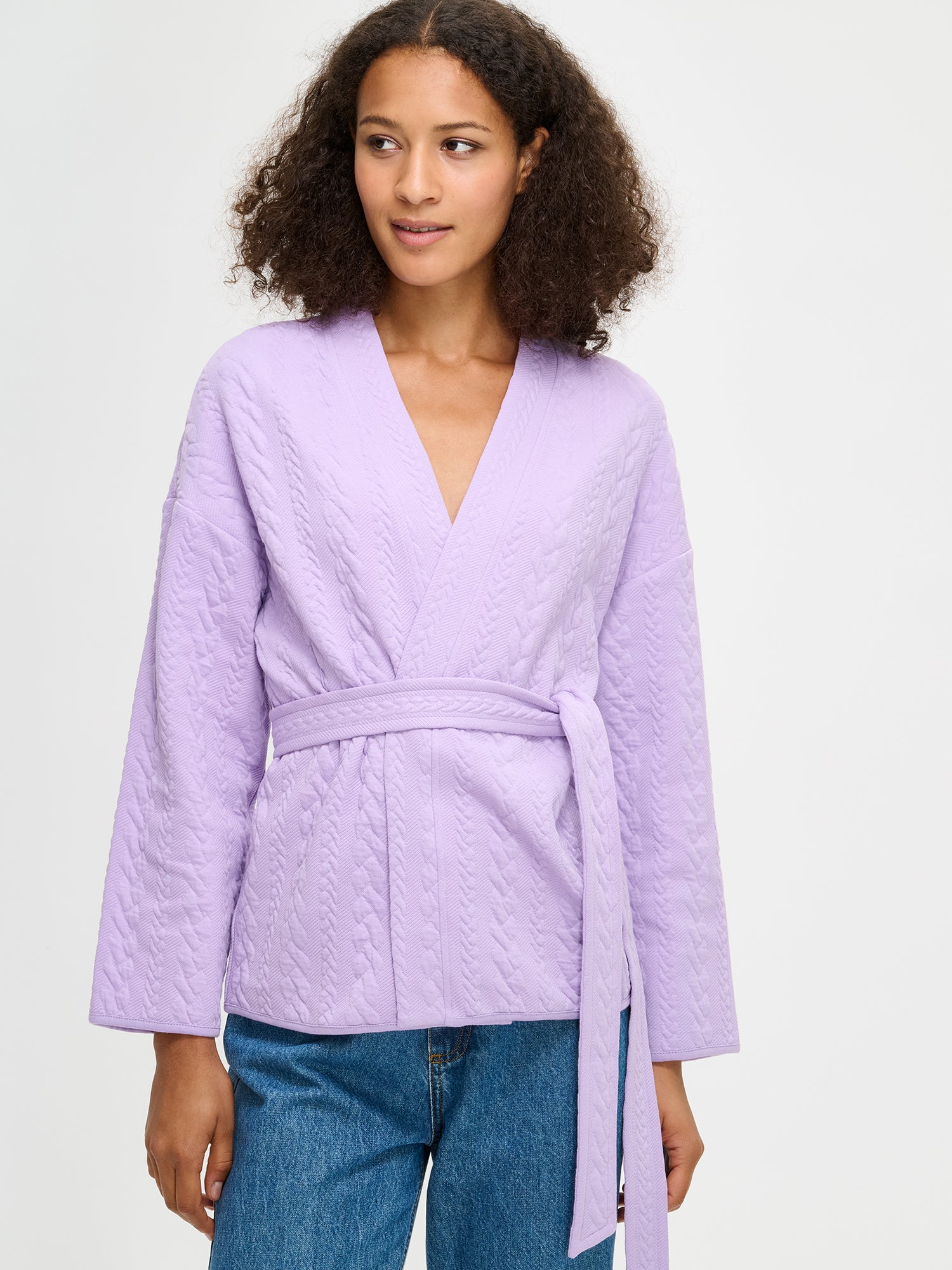 Nanso women's lilac Letti cardigan features a detachable belt and long sleeves, front