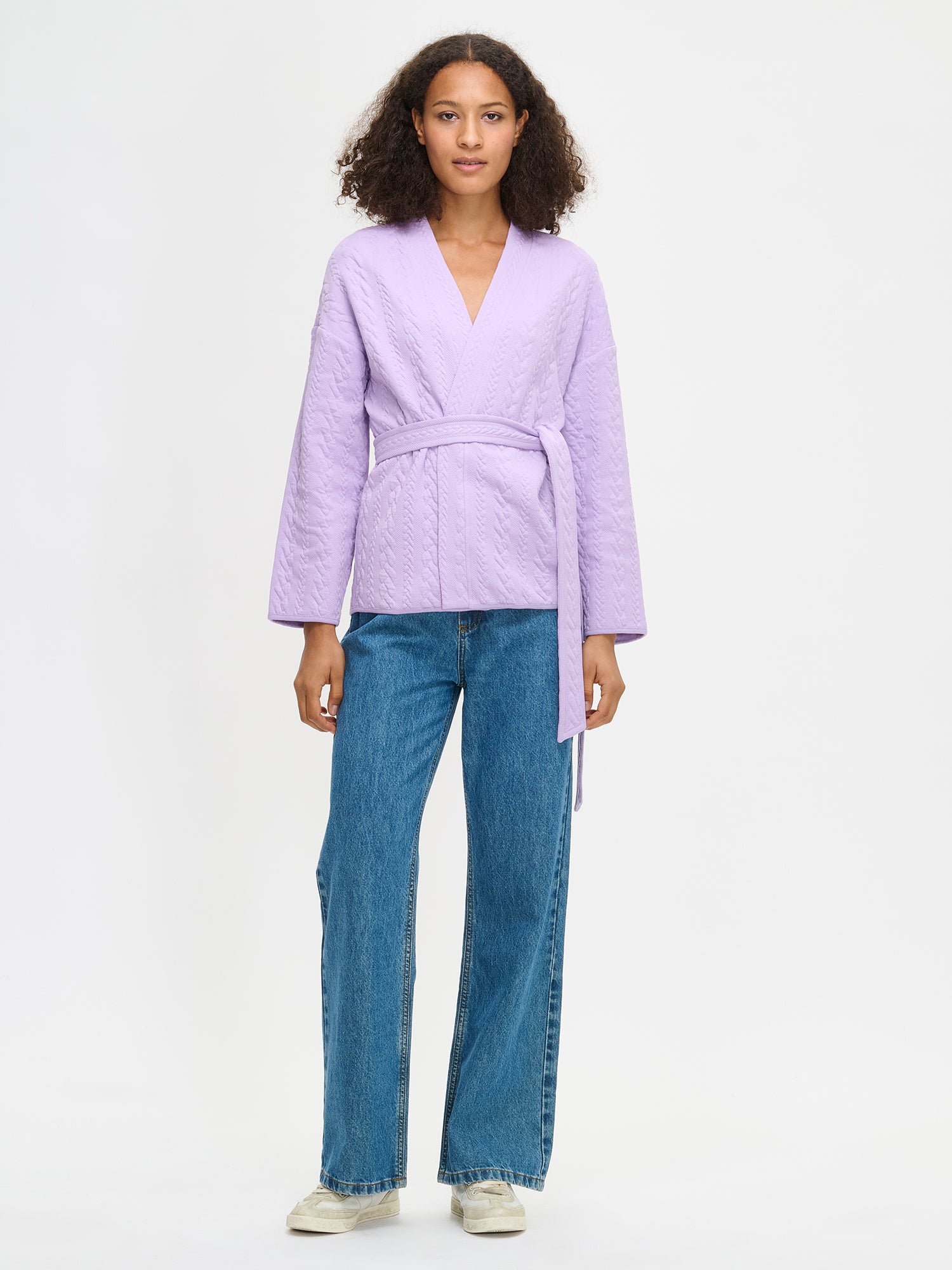 Nanso women's lilac Letti cardigan features a detachable belt and long sleeves. Size S
