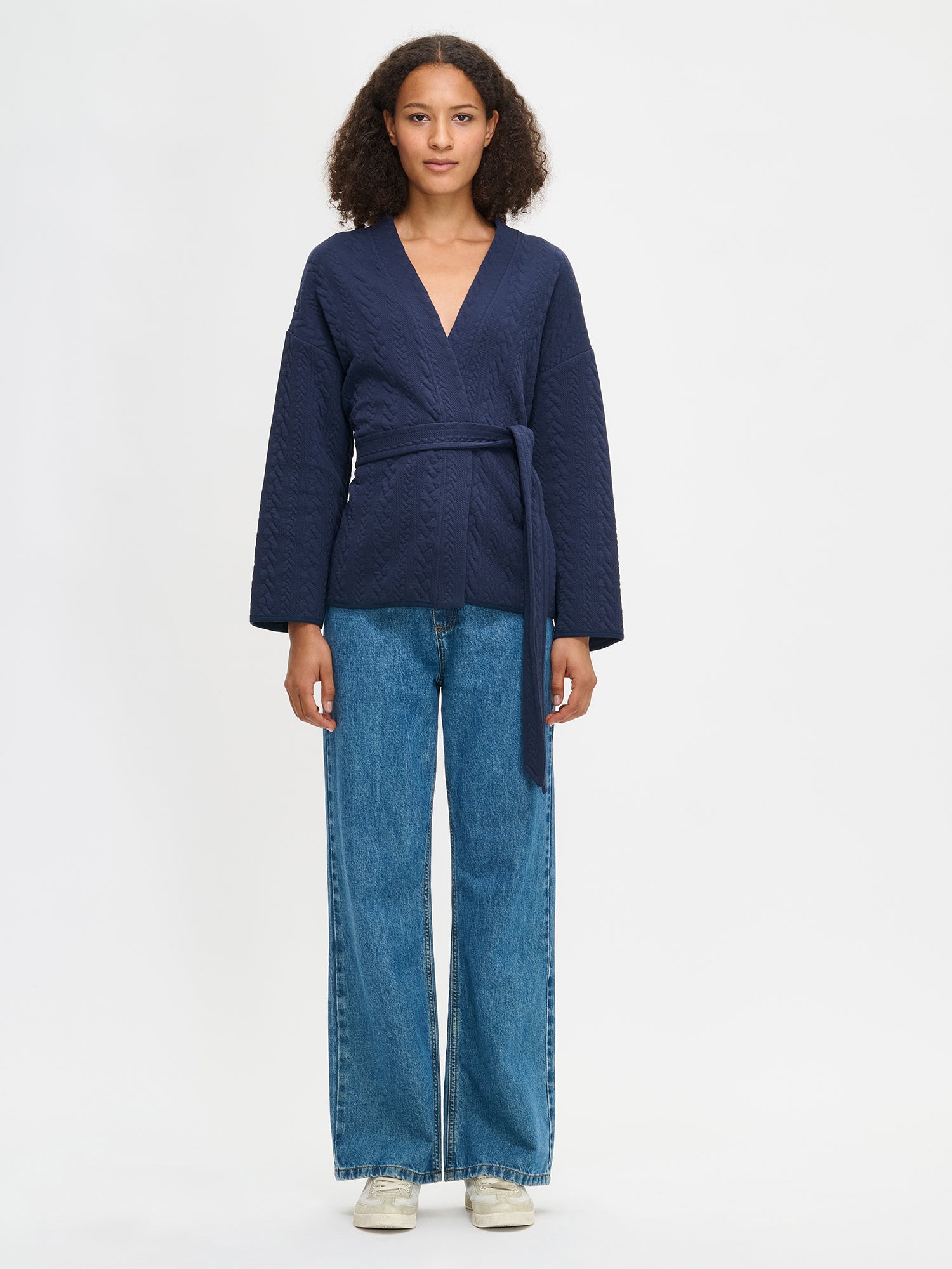 Nanso women's dark blue Letti cardigan features a detachable belt and long sleeves. Size S