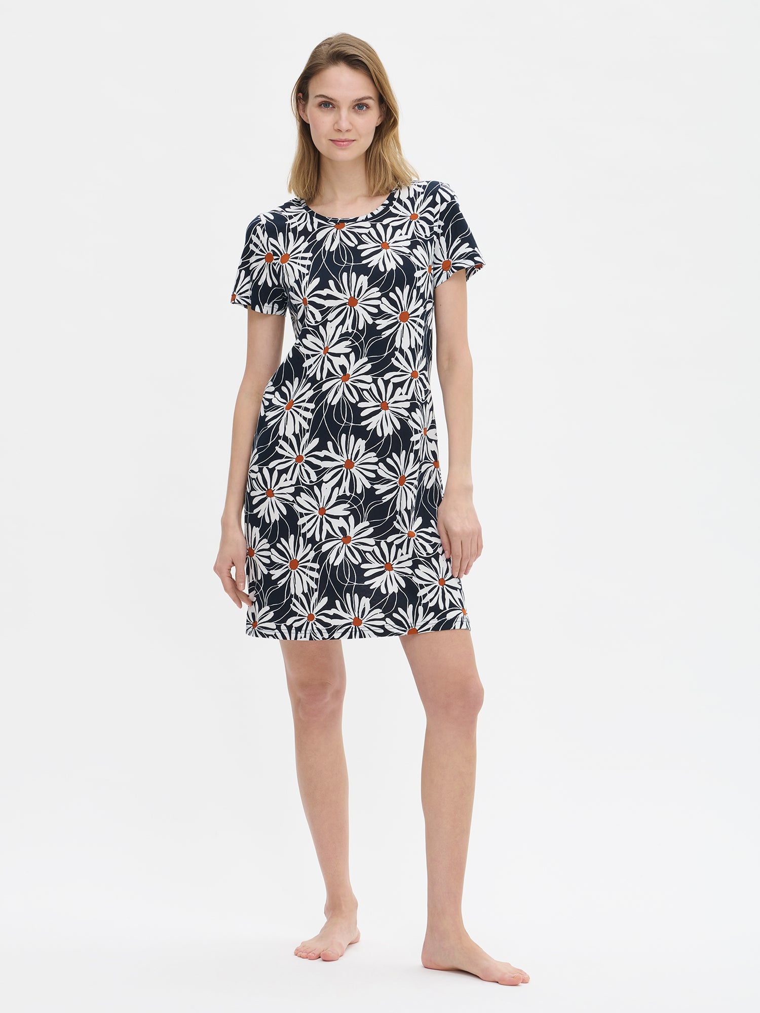 Women’s floral print Anette nightgown in blue on a model.