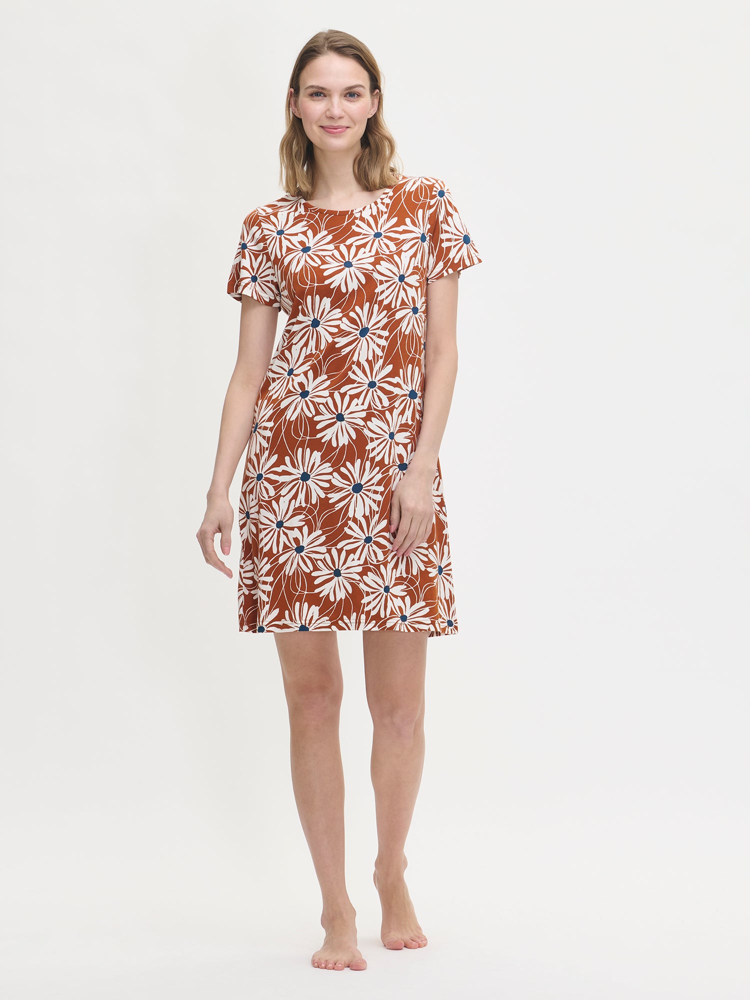 Women’s floral print Anette nightgown in brown on a model.