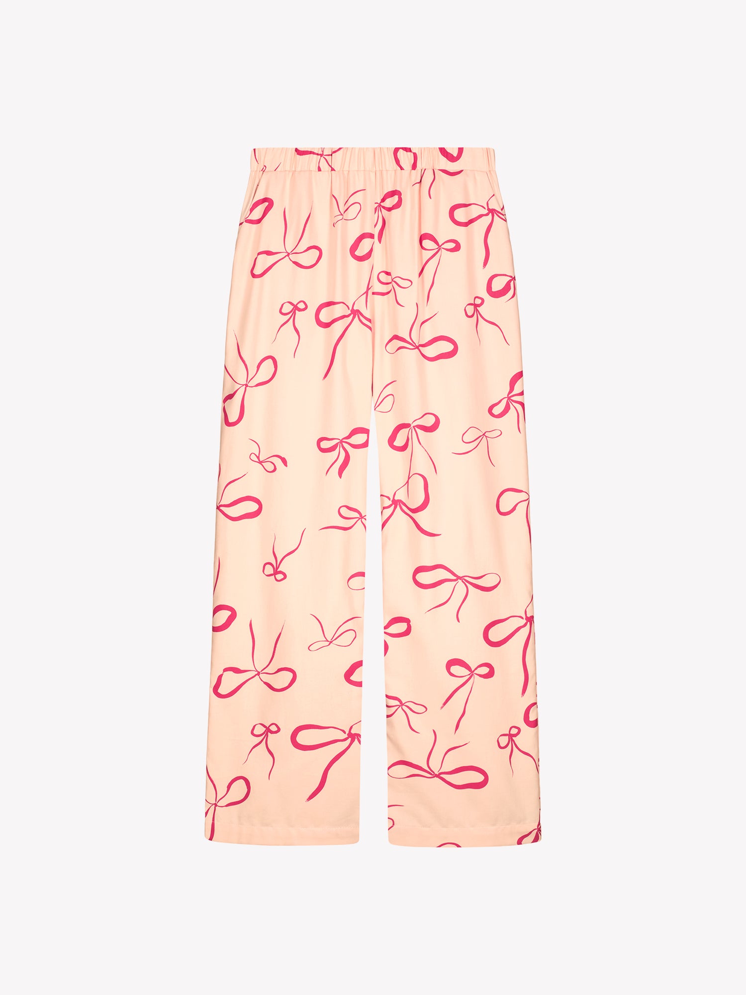Rusetti pants have a pink bow pattern on them. Here the pants in a product picture.