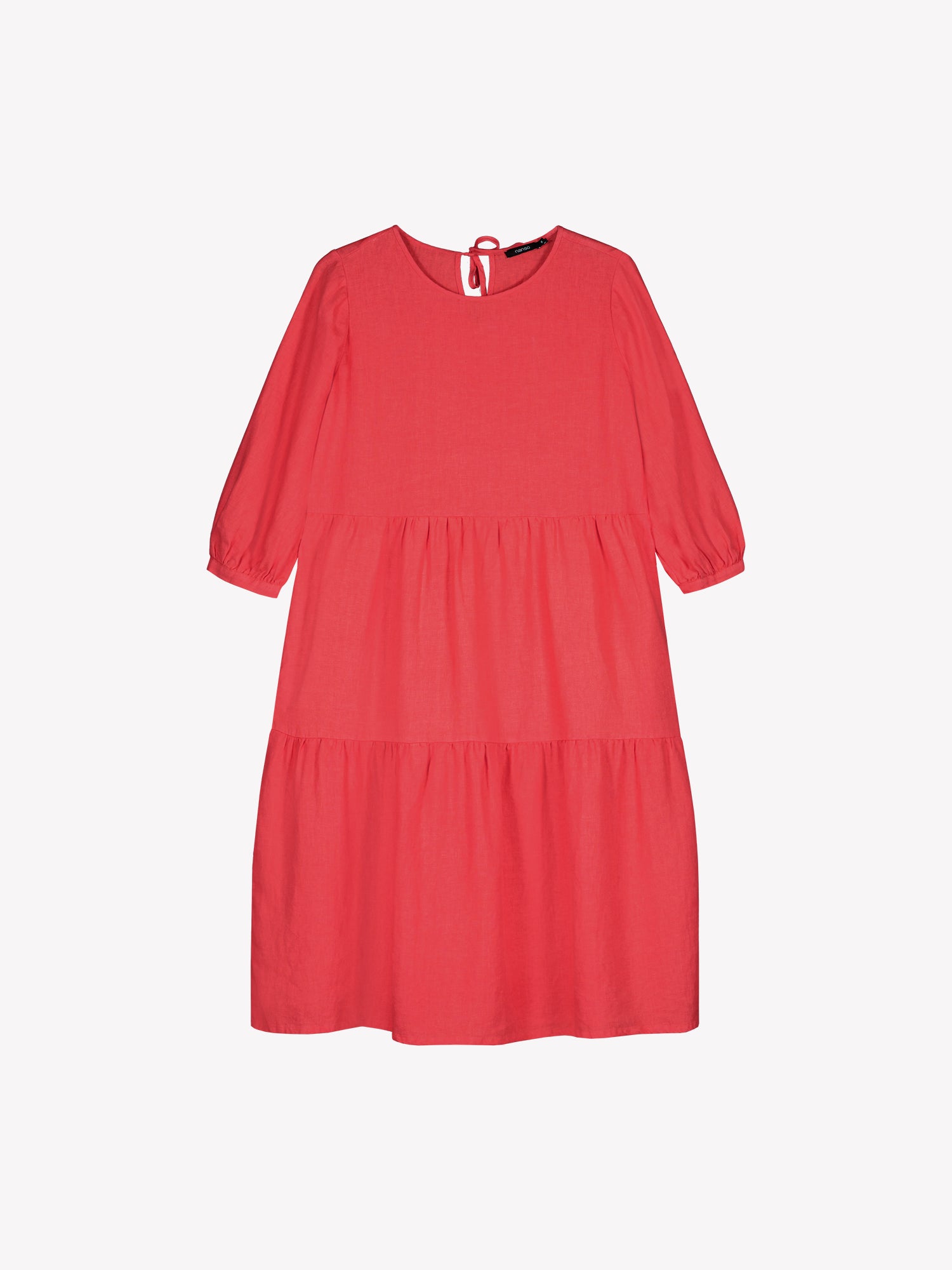Women's Saralia Linen Dress in red with voluminous frill layers in a product picture.