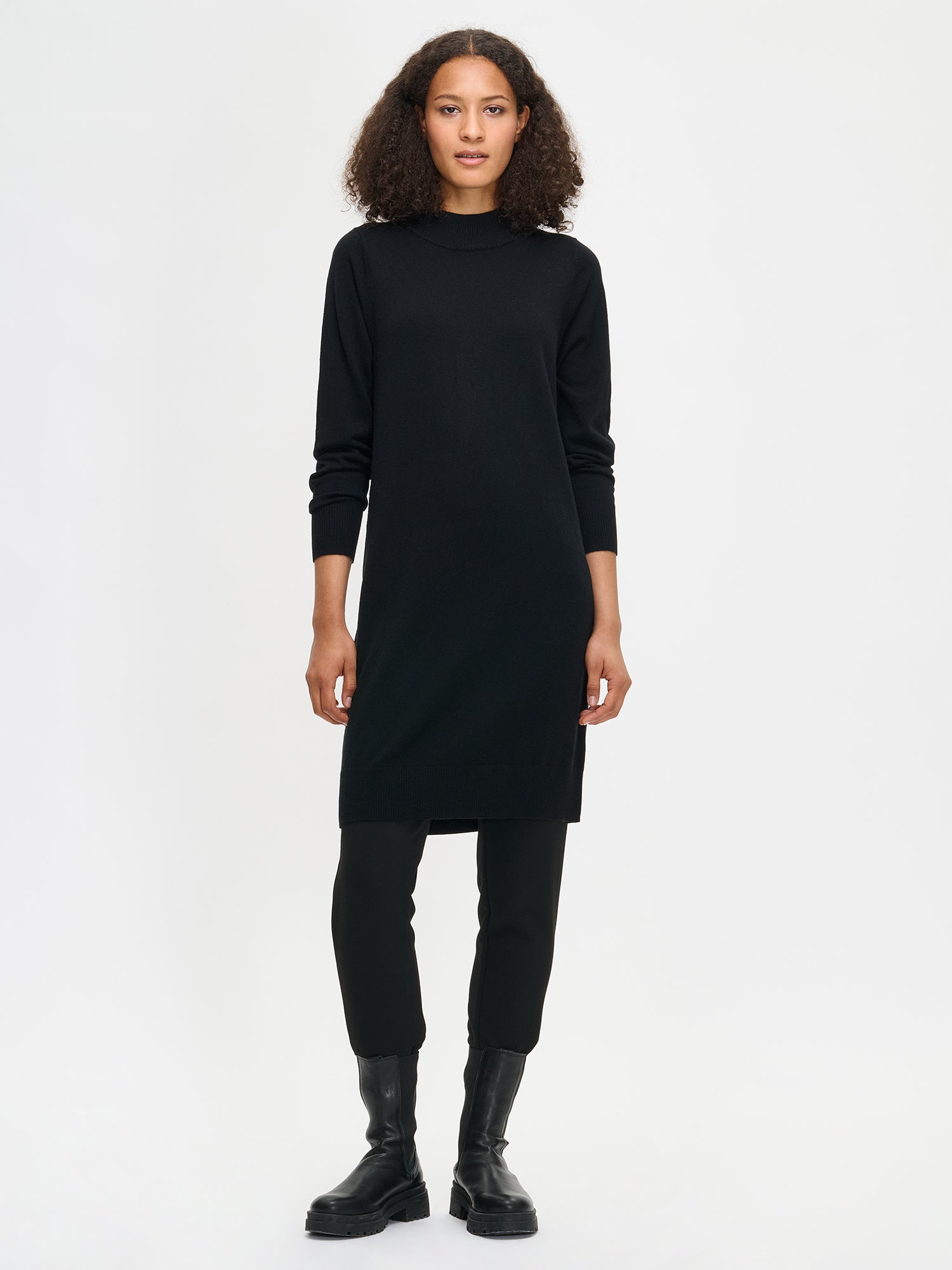 Nanso Villis dress for women features black colour and a straight-cut knit design with a stand-up collar and long sleeves, front