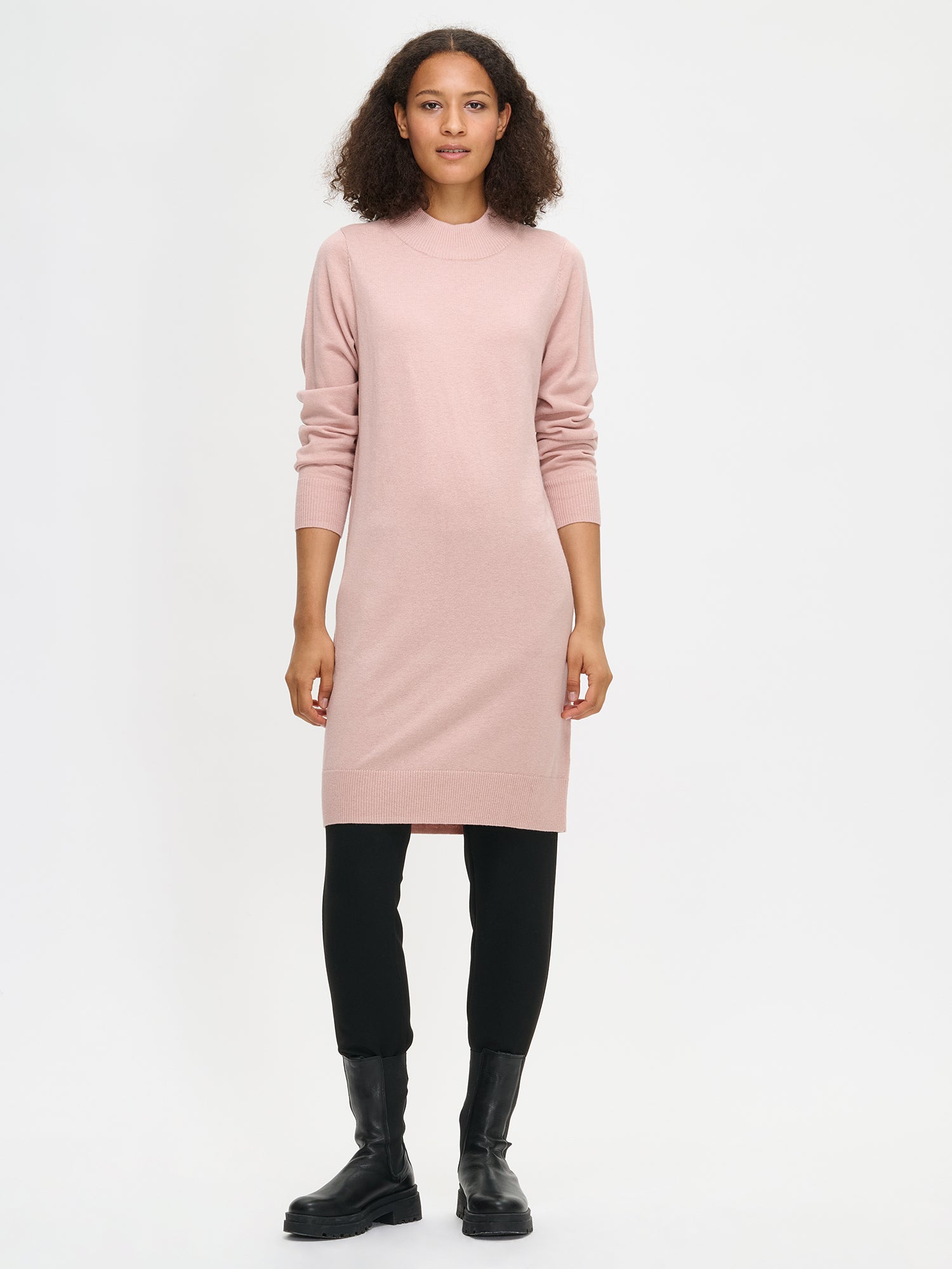 Nanso Villis dress for women features pink colour and a straight-cut knit design with a stand-up collar and long sleeves, front