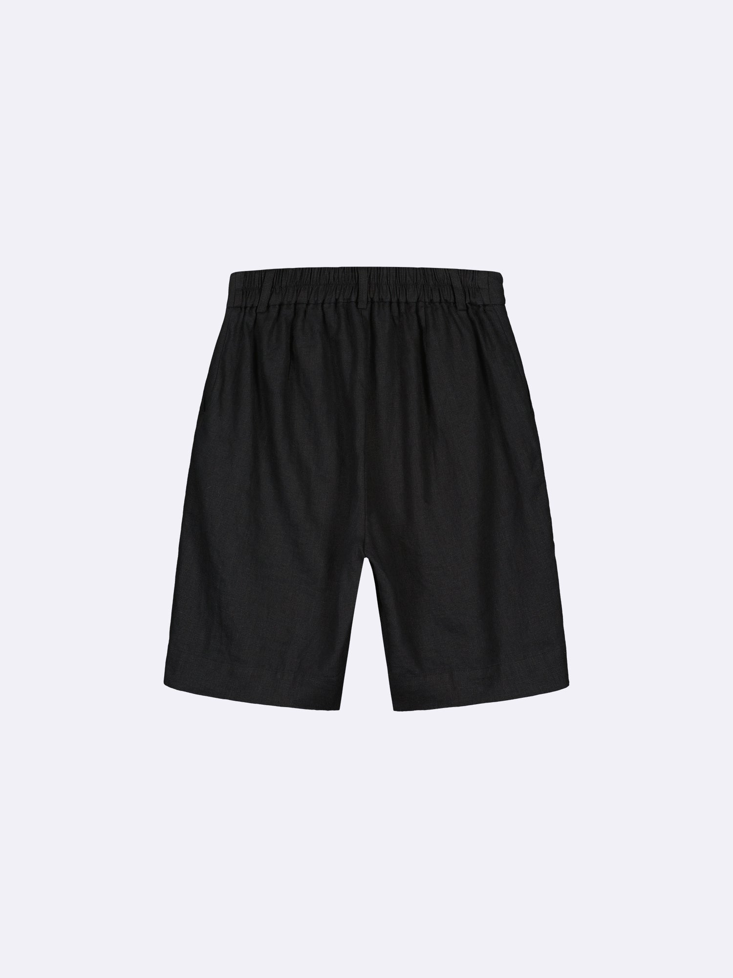 Nanso's classic black Liine linen shorts for women in a product picture from the backside