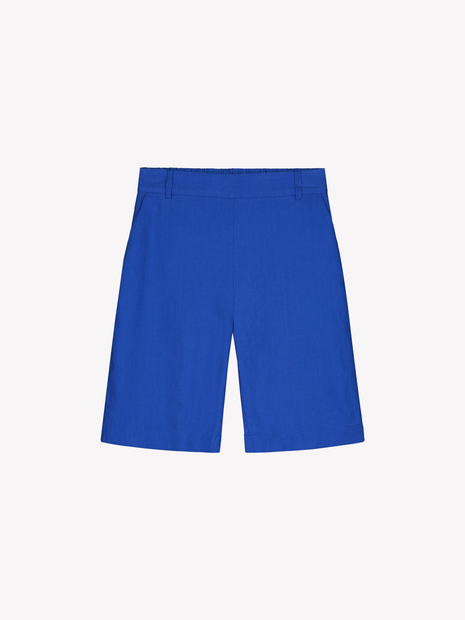 Nanso's classic blue Liine linen shorts for women in a product picture