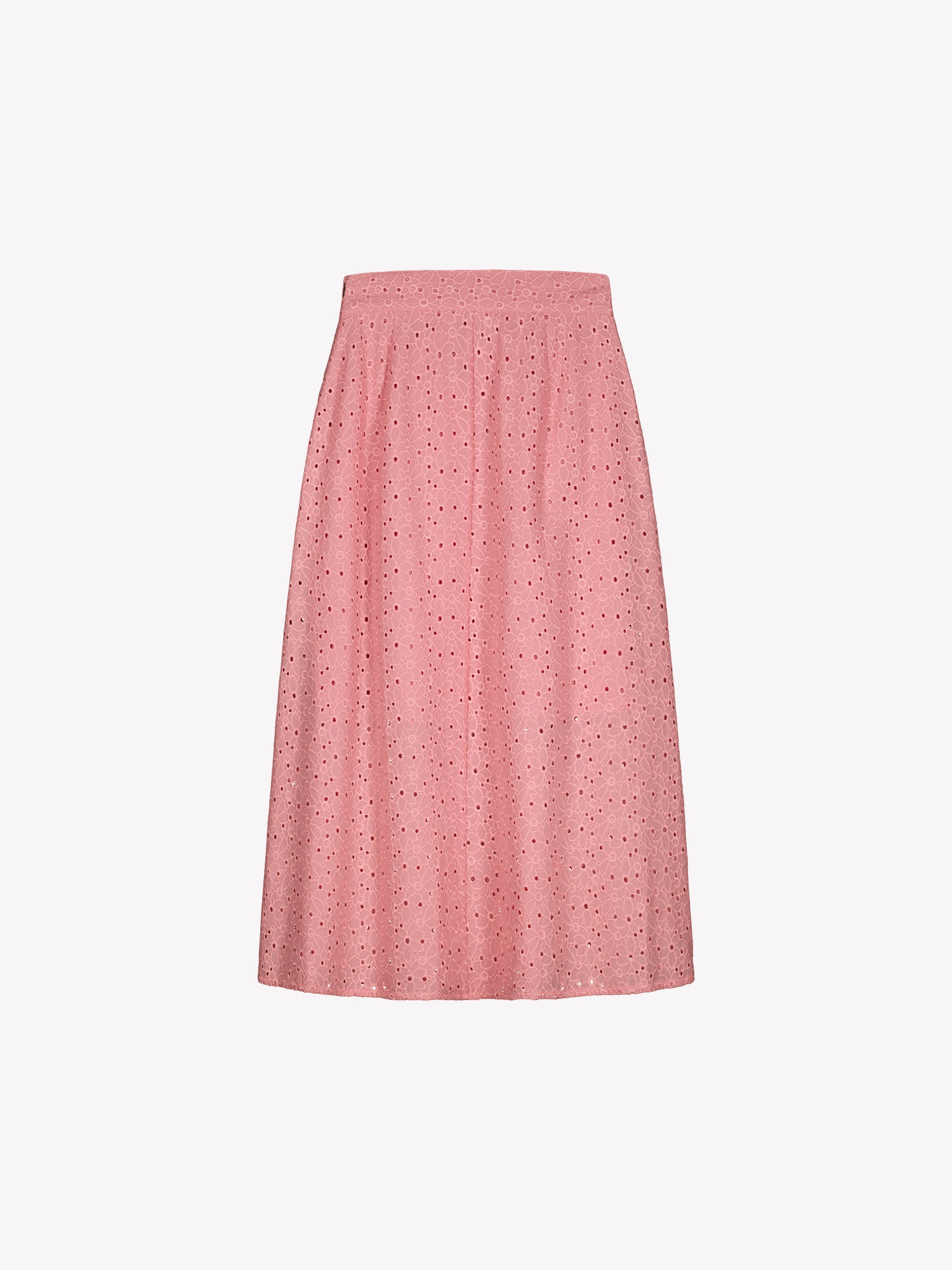 Nanso women's embroidered NUPPU Skirt in light pink featuring a broderie anglais style lace fabric in a product picture from the backside