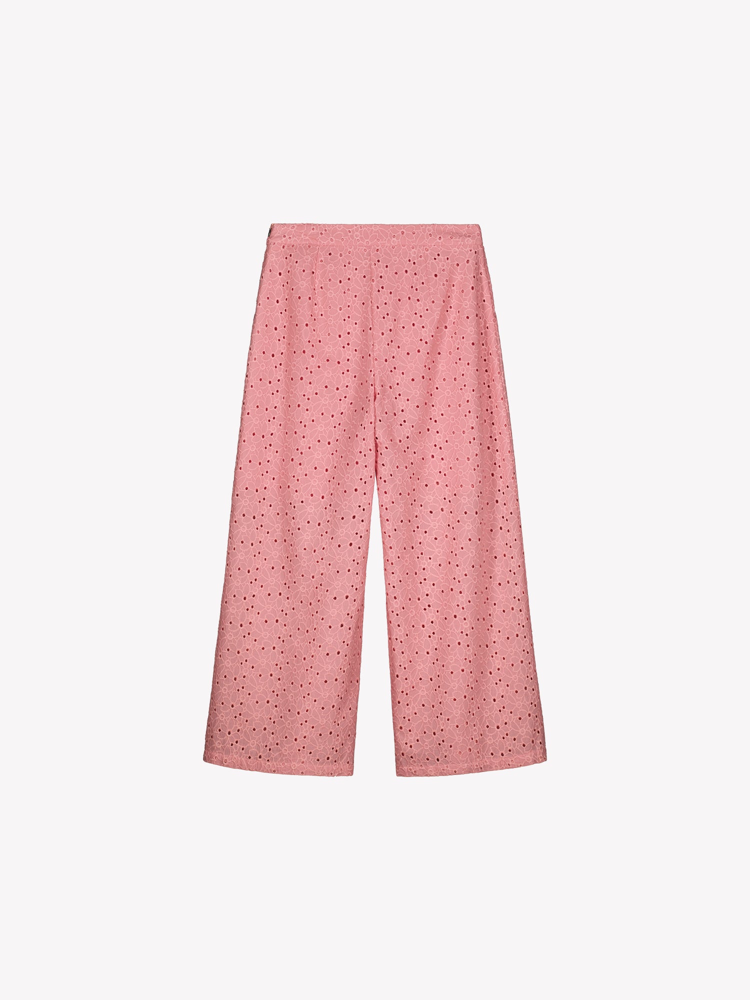 Nanso women's light pink embroidered Nuppu trousers with a broderie anglais style lace fabric in a product picture from the backside