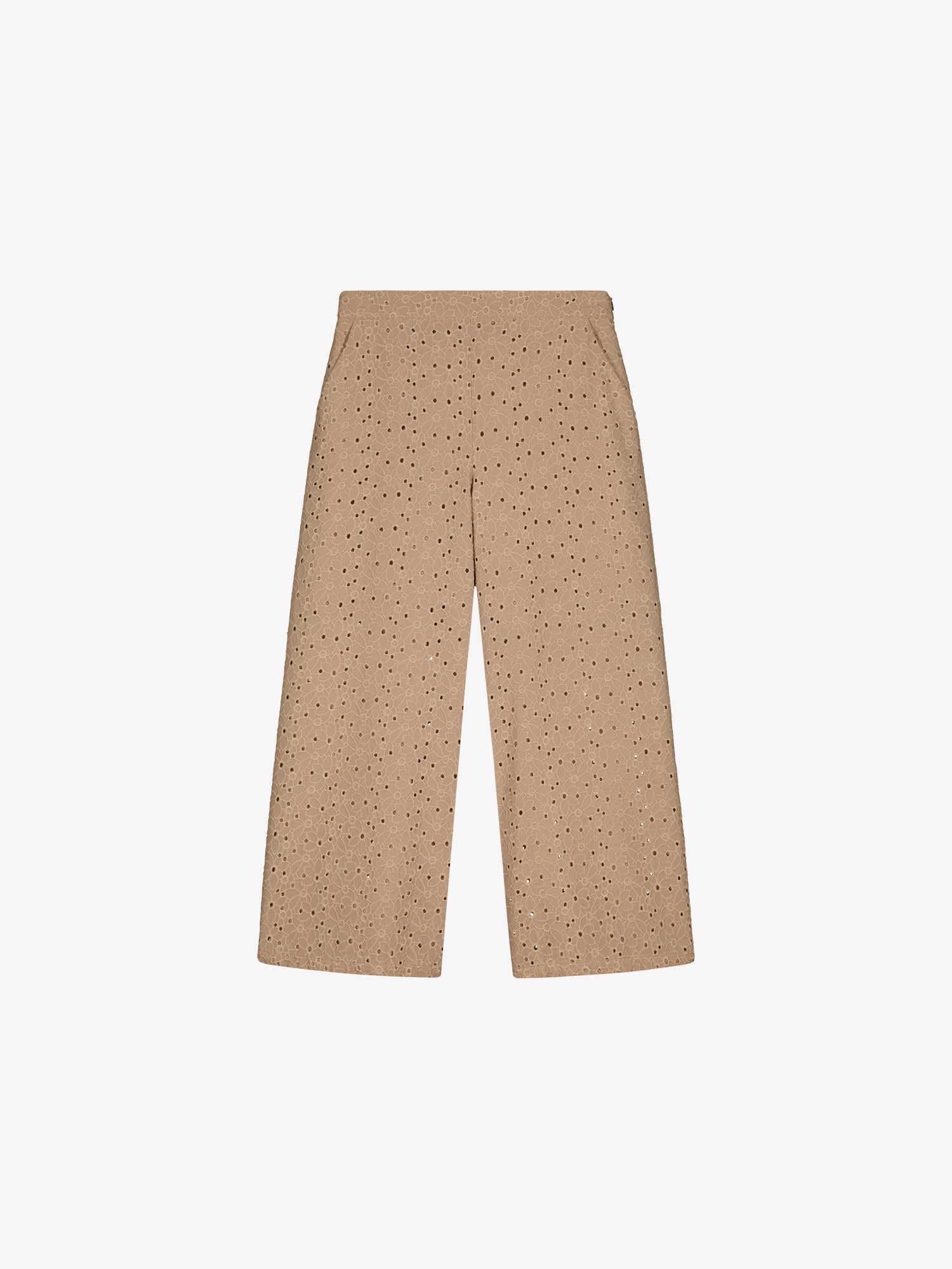 Nanso women's beige embroidered Nuppu trousers with a broderie anglais style lace fabric in a product picture