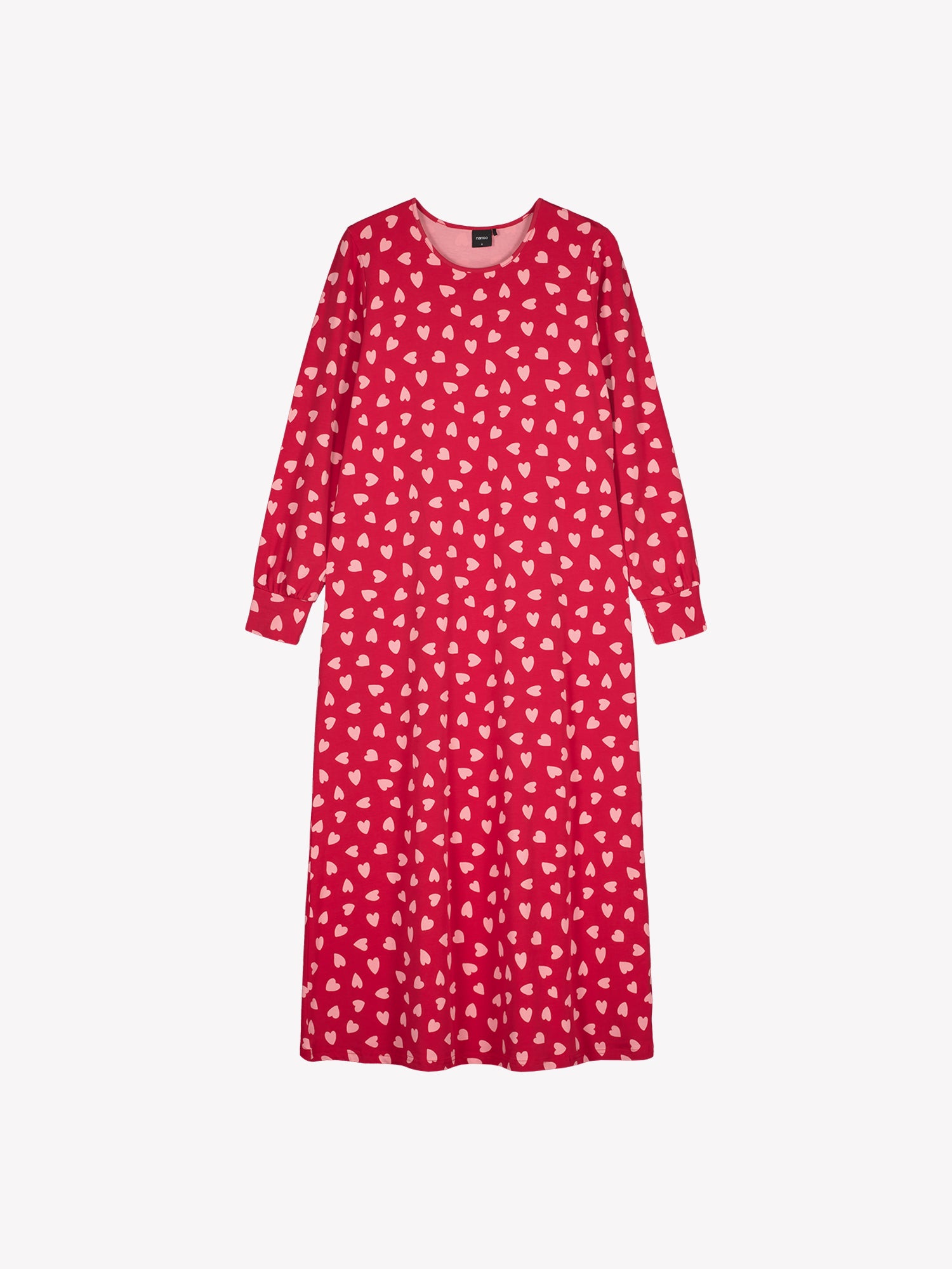 Nanso women's Amor long nightgown features a charming pattern with long sleeves and a round neckline, product image from the front.