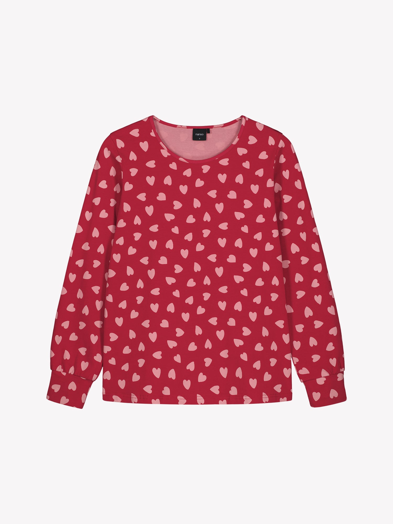 Nanso women's Amor red pyjamas with a joyful patterned design, round neckline and long sleeves, product picture of the shirt.