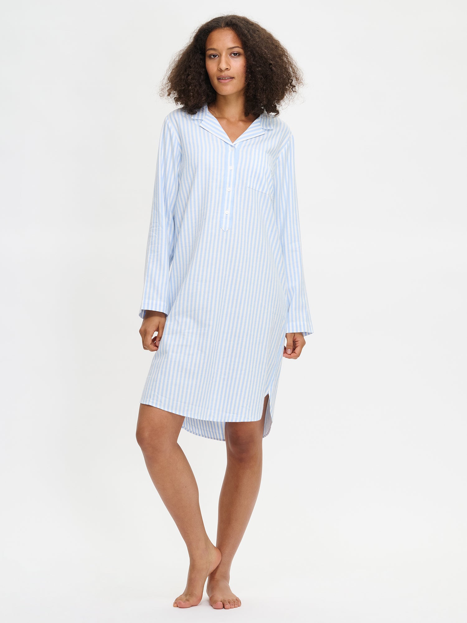 Women's striped Polka nightgown in light blue on a model.