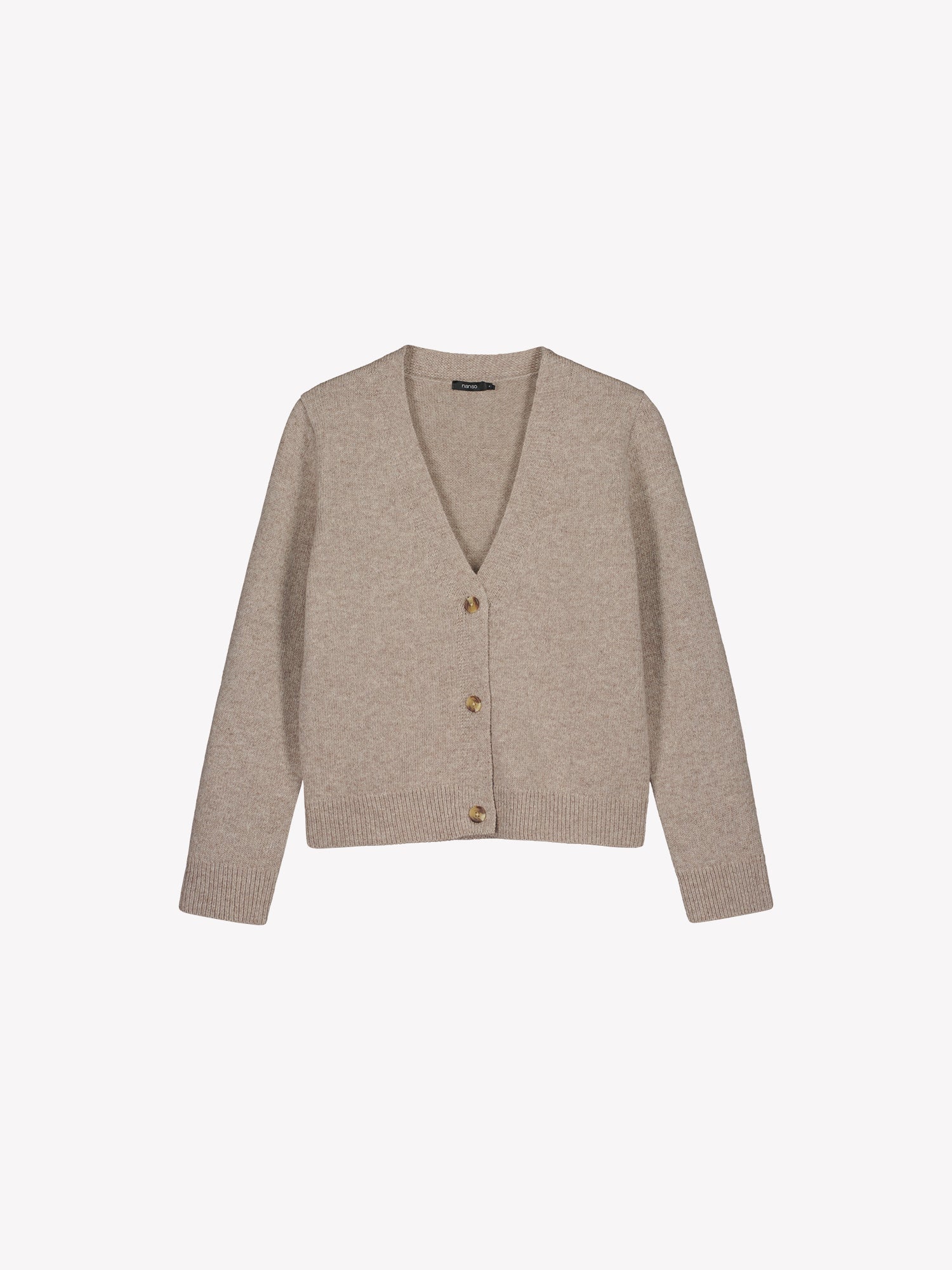 The LANA long-sleeved Knit Cardigan in greige with a flattering V-neckline and button closure down the front. Product picture.