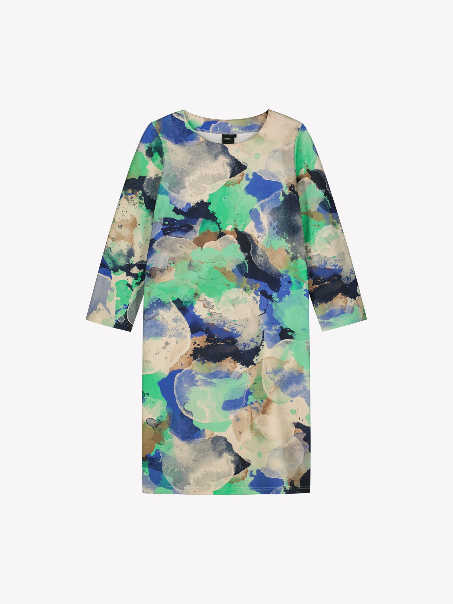 Women's SIRIUS Dress with a beautiful abstract pattern and a clean, minimalist cut that lets the beautiful pattern take center stage. The dress features 3/4 sleeves and pockets. Product picture.