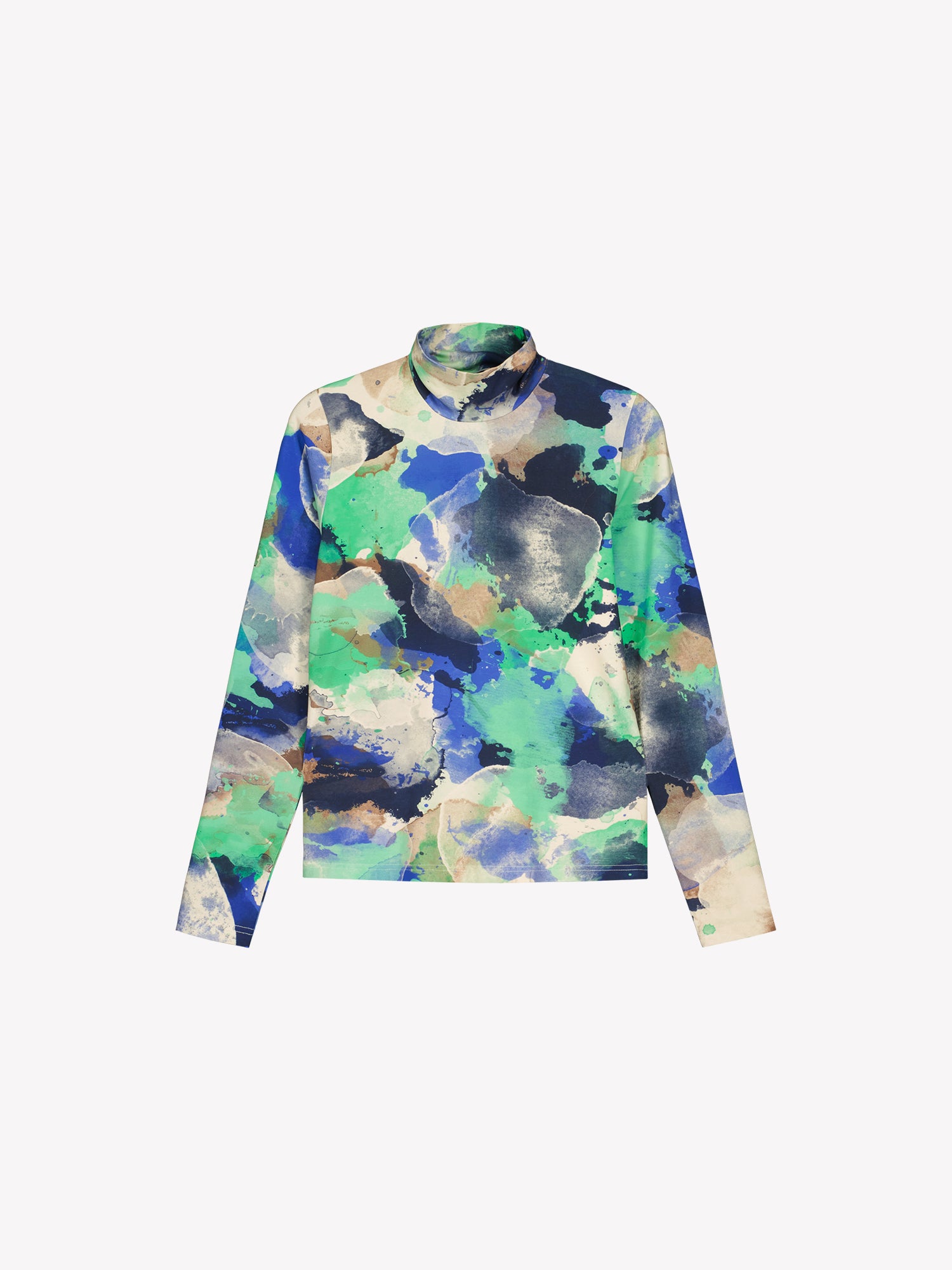 The SIRIUS Shirt features a beautiful abstract pattern paired with a classic turtleneck collar, made from organic cotton-elastane knit fabric. Product picture.