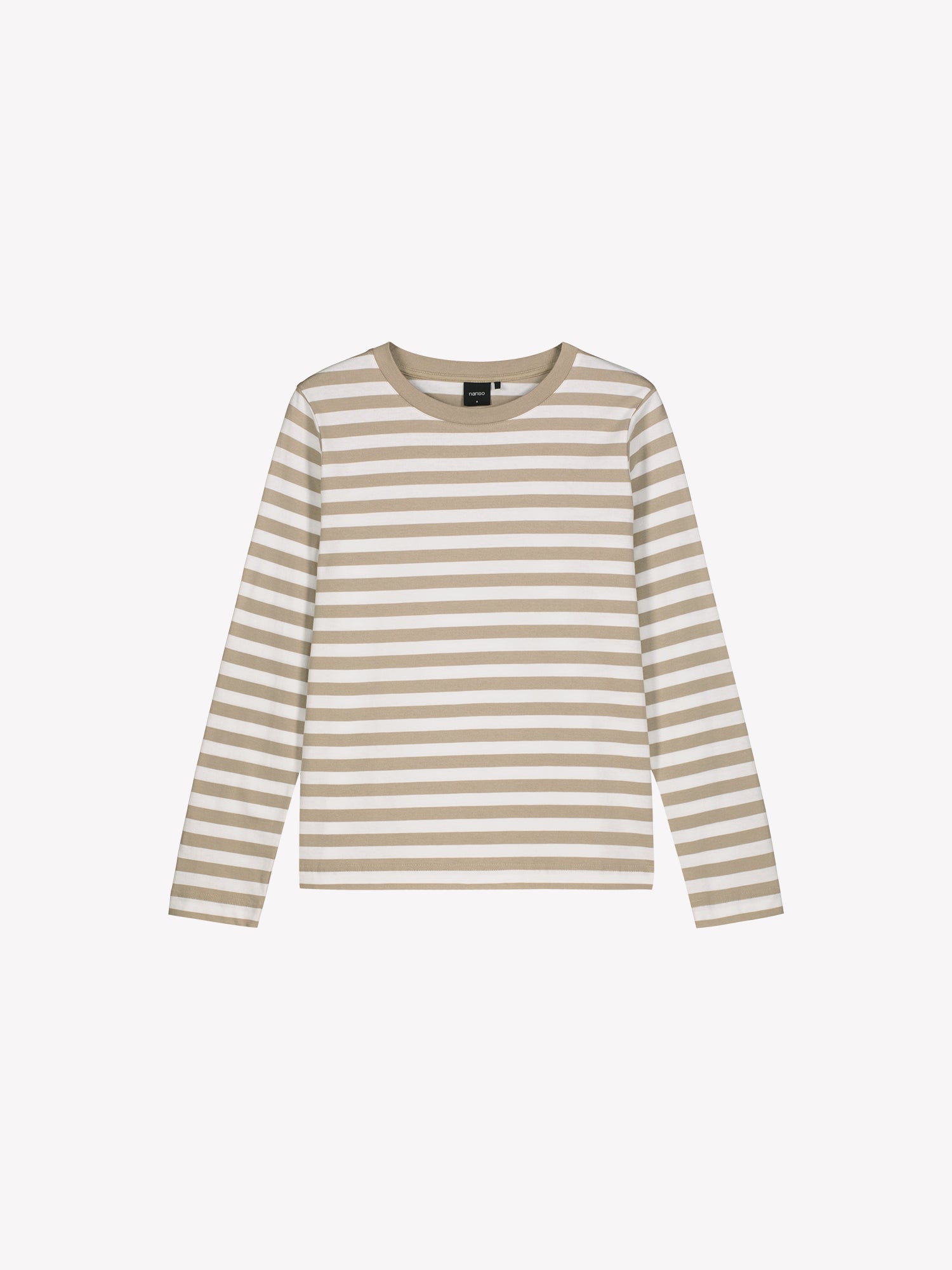 The RAITA NORMI Long-Sleeved Shirt in beige featuring striped pattern. The straight-cut shirt features a round neckline and full-length sleeves. 100% organic cotton. Product picture.