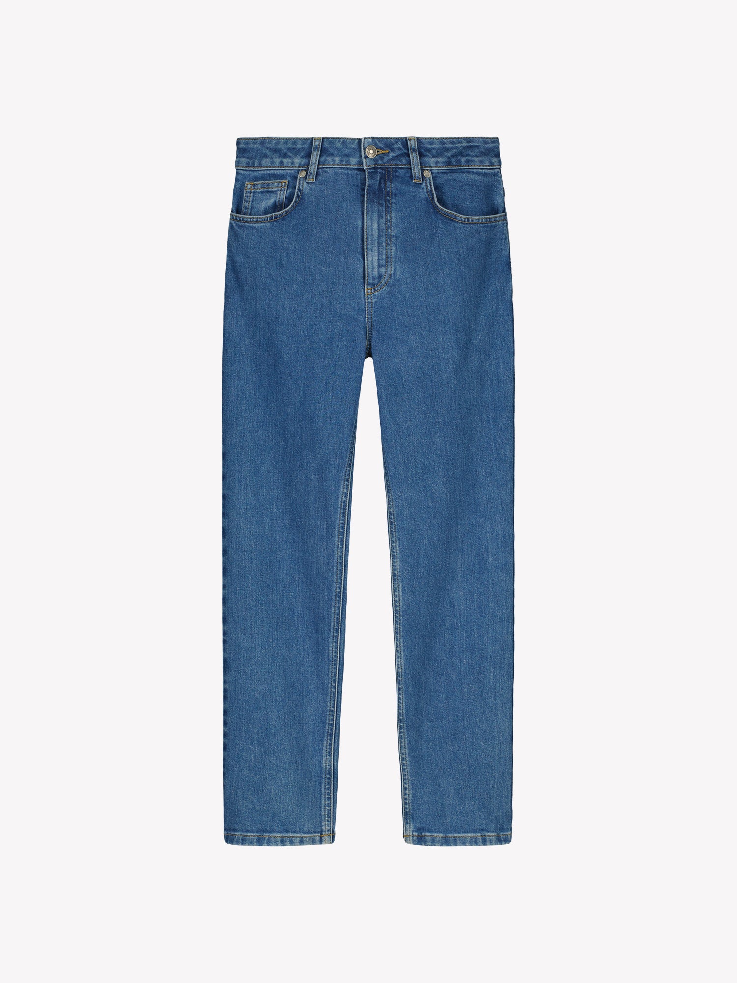 Nanso Cropped Kapee jeans feature a classic mid-rise waistband with a zippered fly and button closure for a secure fit. Practical front and back pockets provide convenient storage. Product picture from the front.