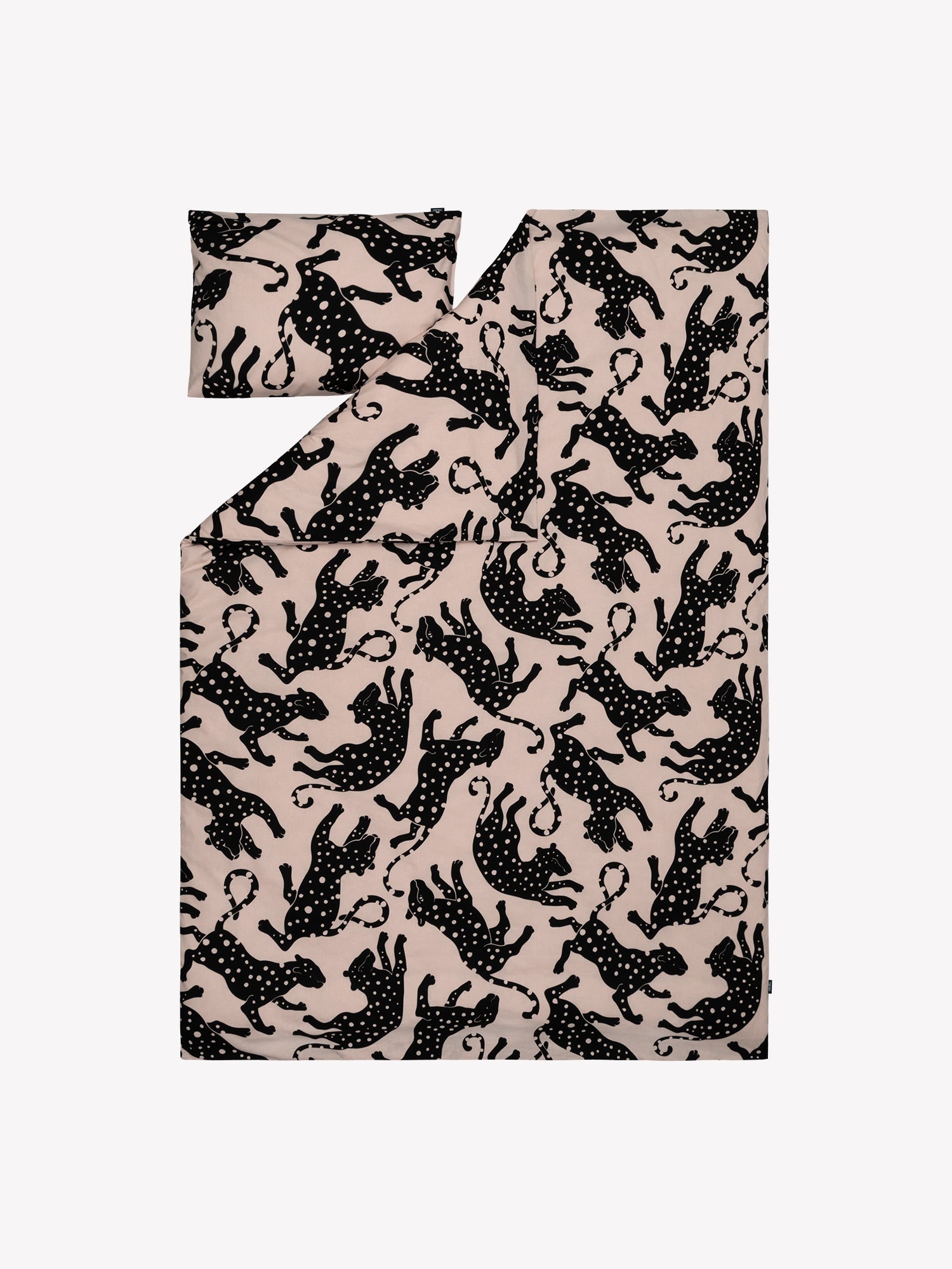 The light pink duvet cover set Leonora with black panthers opened in a product picture.