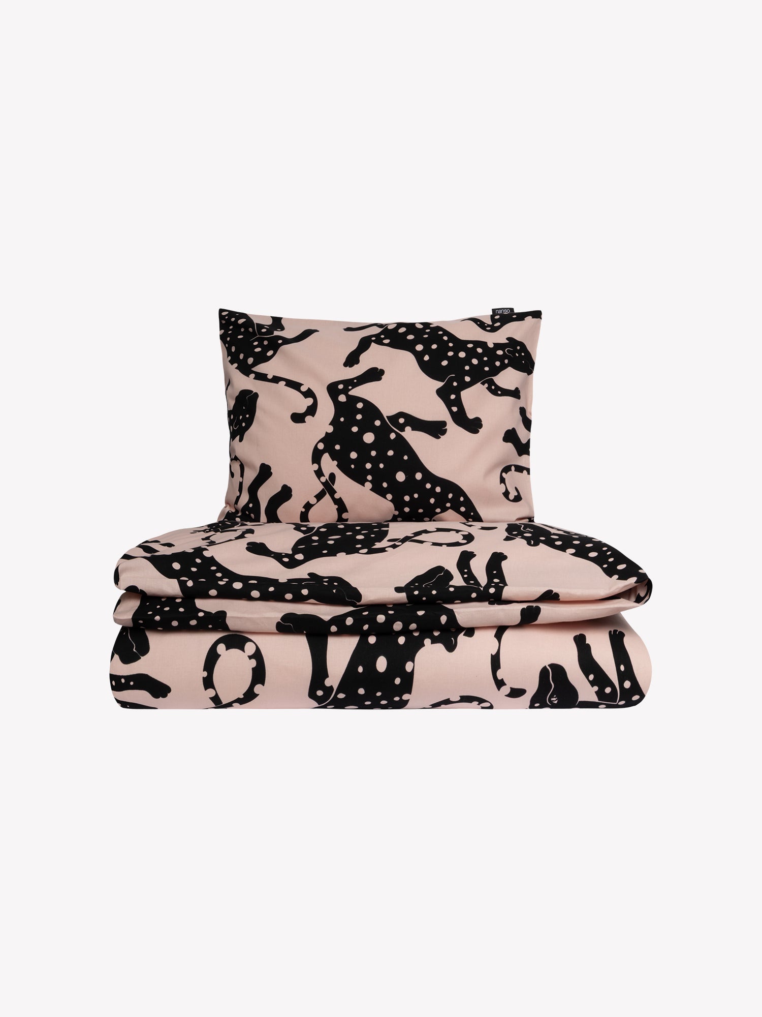 The light pink duvet cover set Leonora with black panthers closed in a product picture.