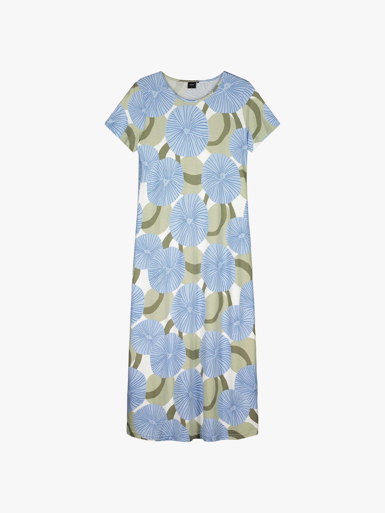 HEDDA Long Nightgown features a delicate blue-toned pattern. Pictured on a model. Product picture.