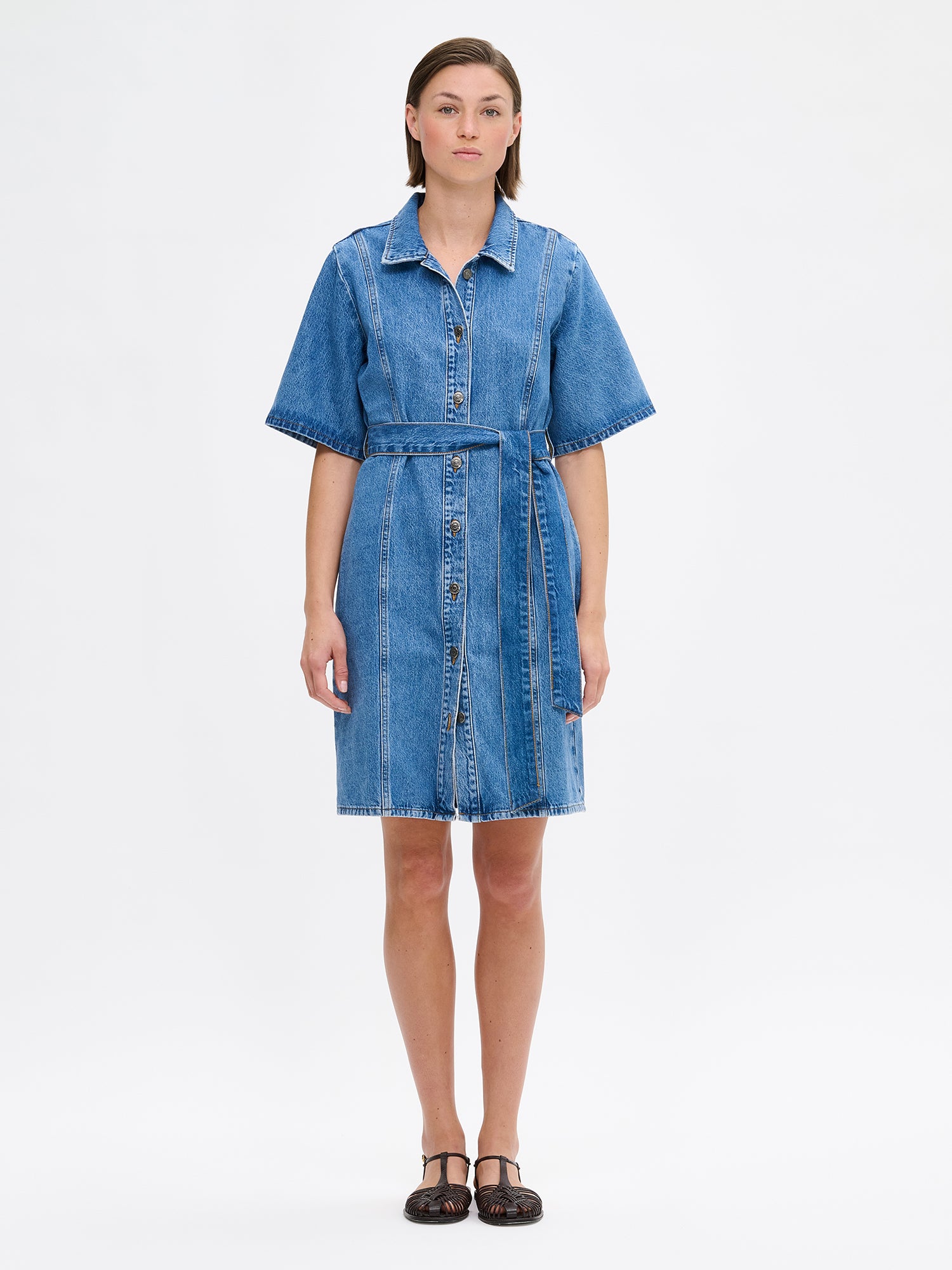 Nanso women's Doris denim dress on a model with sandals