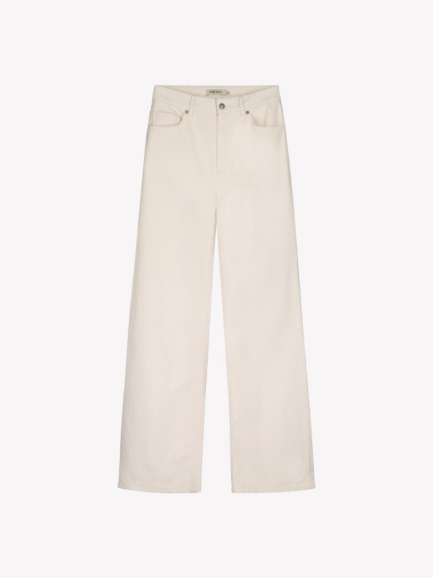 Nanso women’s off white Levee jeans with a high waist and wide flared legs, product picture from the front.