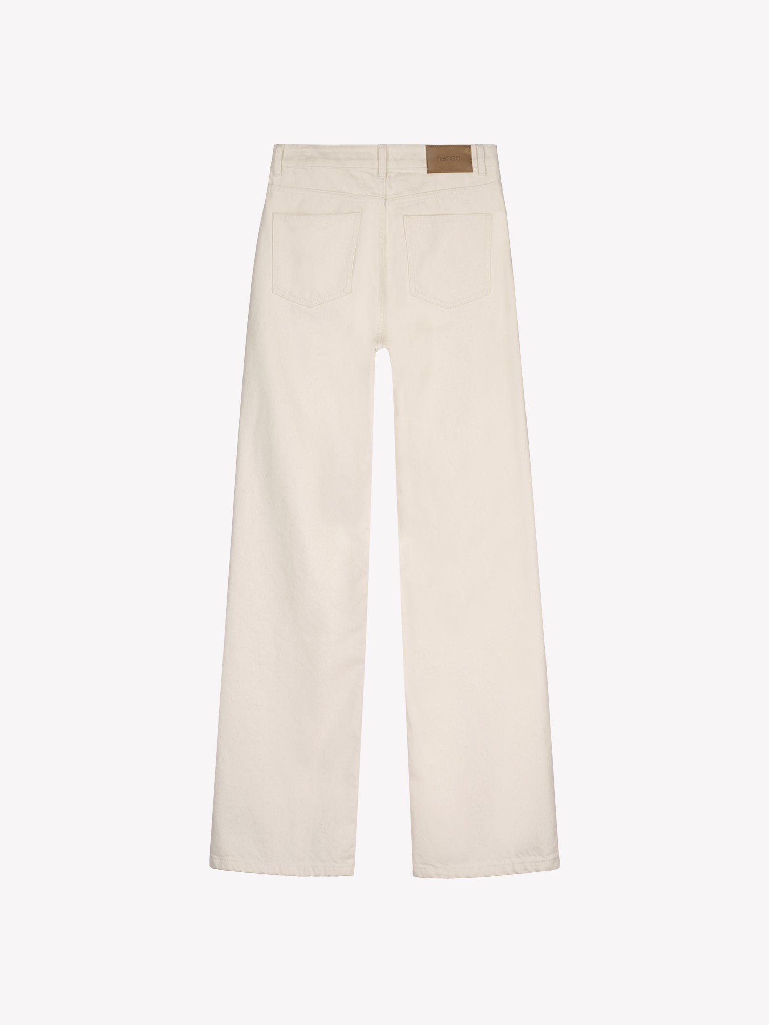 Nanso women’s off white Levee jeans with a high waist and wide flared legs, product picture from the back.