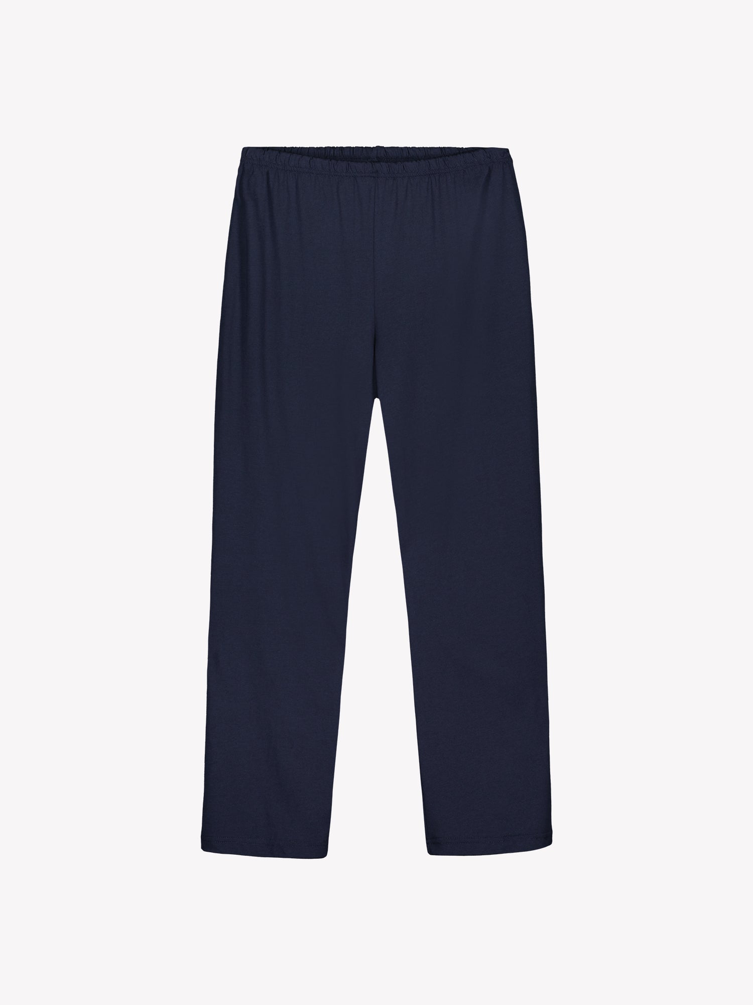 Nanso KIRJOKERTTU Pajamas, featuring a short-sleeved top with an elegant nature-inspired blue pattern paired with solid dark blue pants, product picture of the pants.
