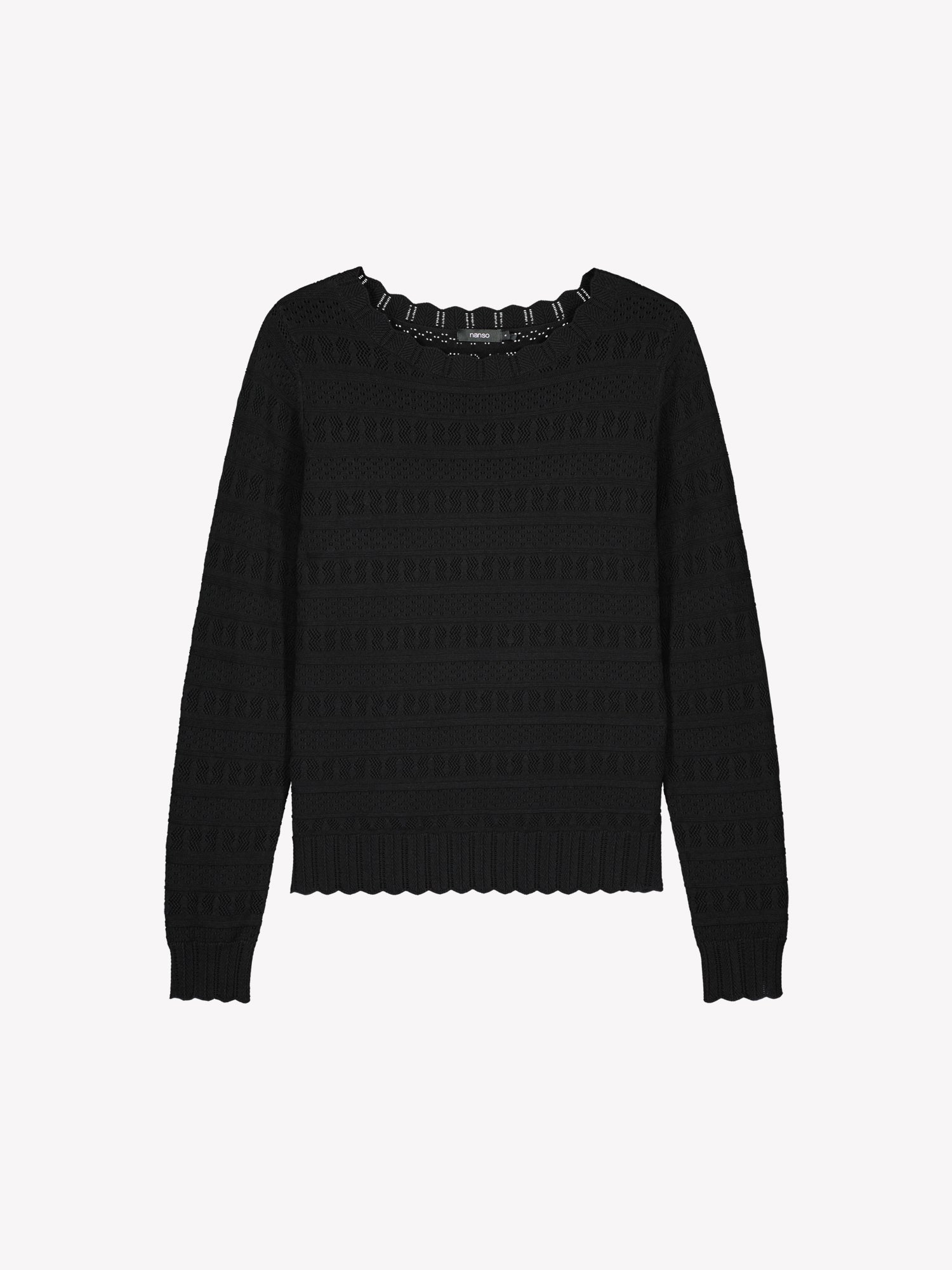 Nanso timeless black KORU knit sweater featuring delicate lace knit in a product picture