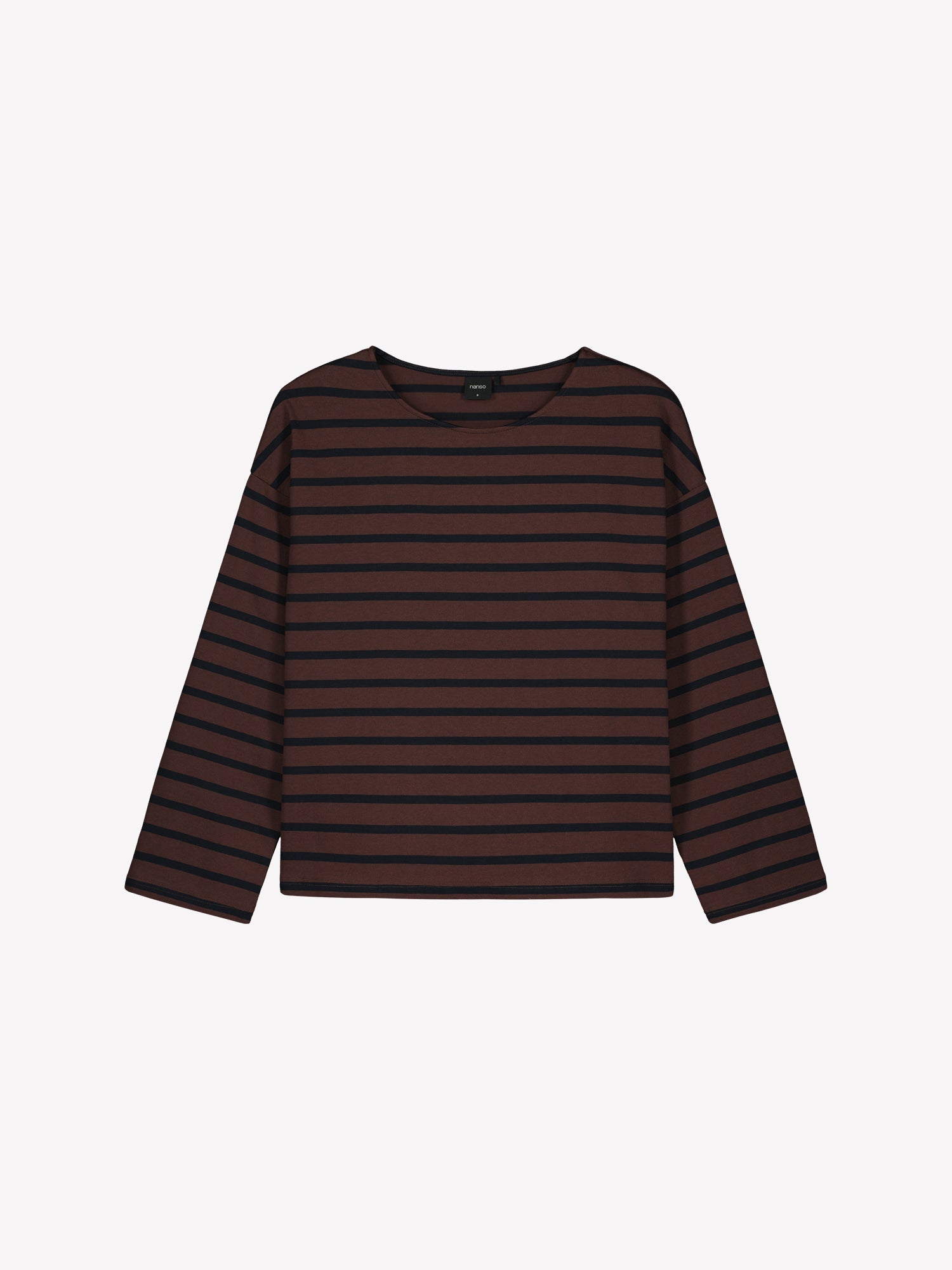 Nanso women's dark brown striped long-sleeved Breton blouse with a relaxed, effortless fit, in a product picture
