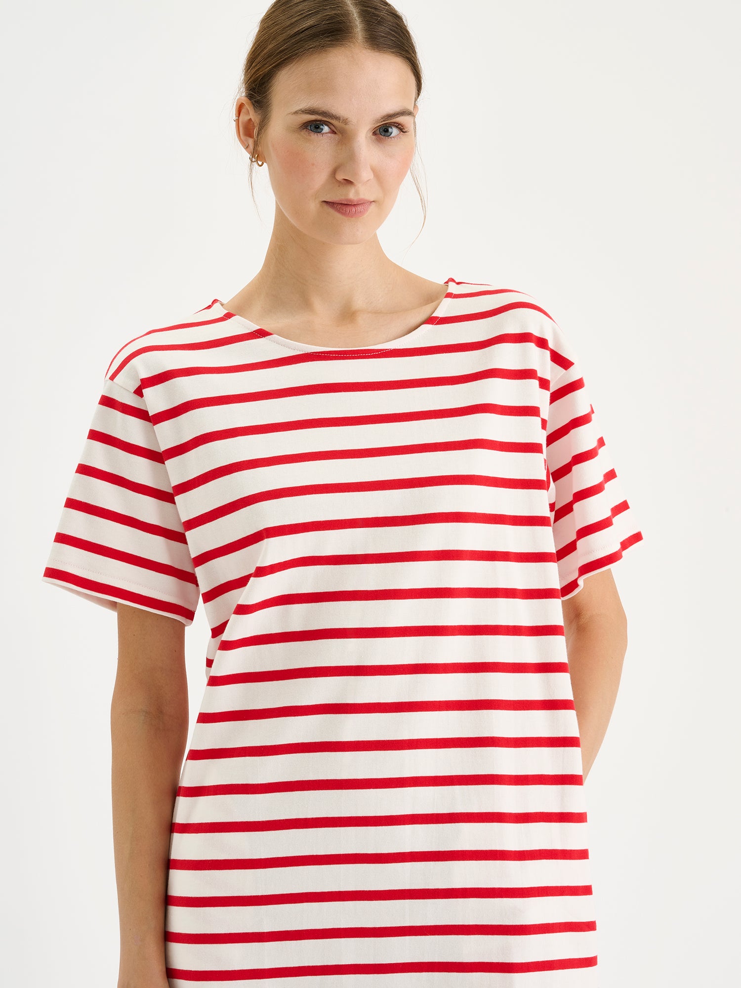 Nanso Breton classic red and white striped T-shirt dress on a model, close-up.