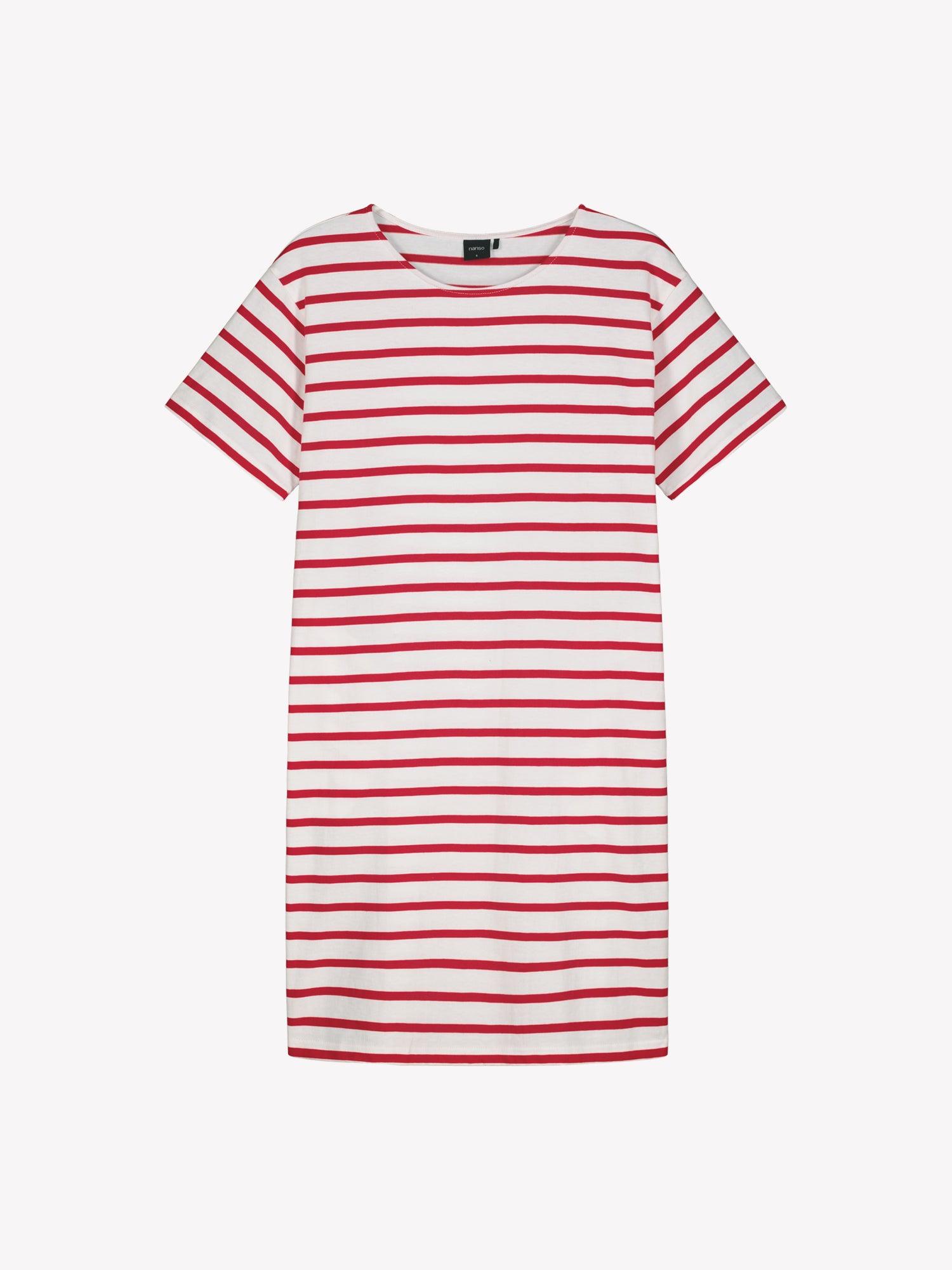 Nanso Breton classic red and white striped T-shirt dress in a product picture.