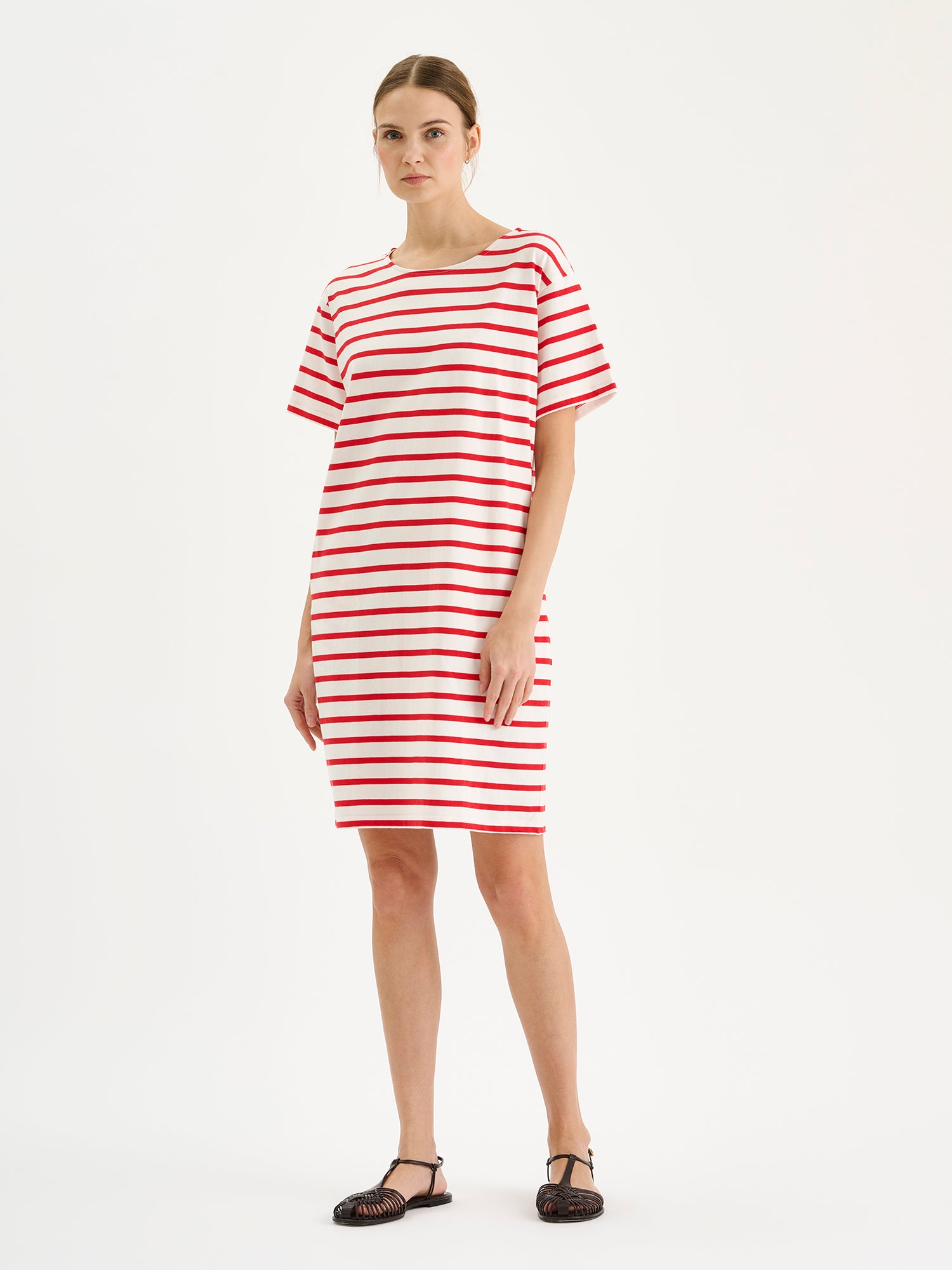 Nanso Breton classic red and white striped T-shirt dress on a model with sandals.