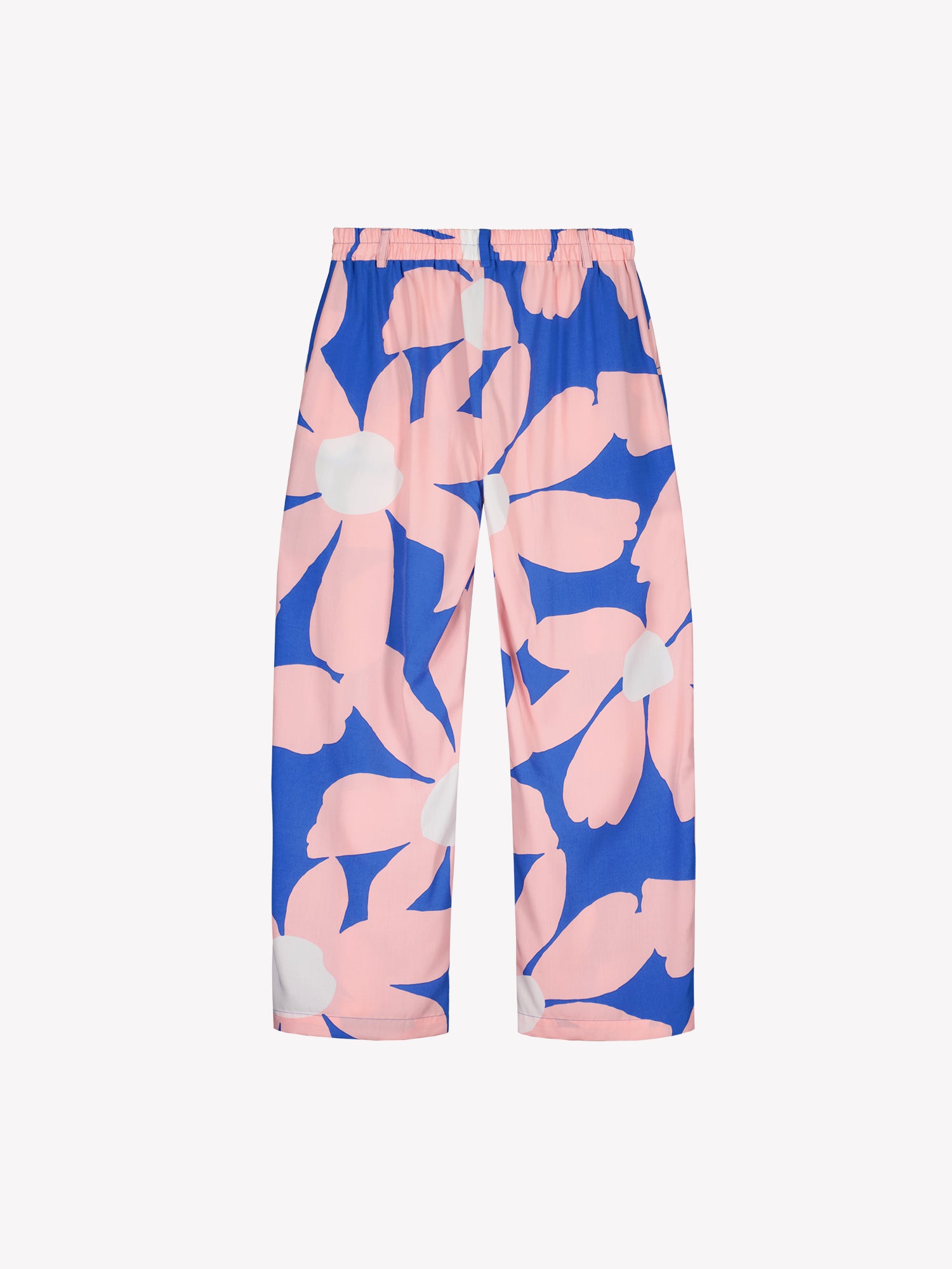 Nanso women's Rosi trousers feature a striking floral pattern and wide fit. Product picture from the back