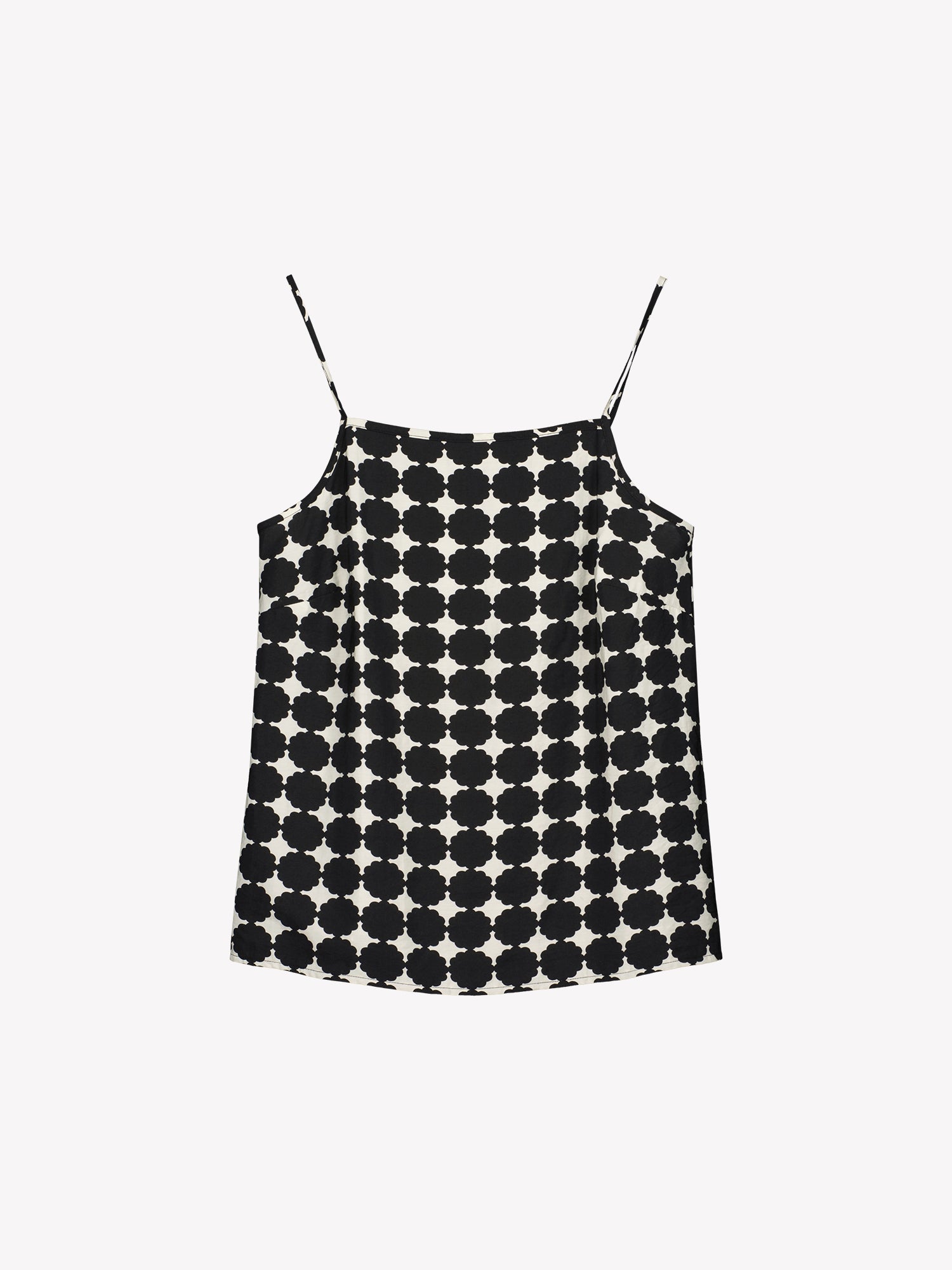 Nanso women's patterned black and white Avene woven top with adjustable spaghetti straps, in a product picture