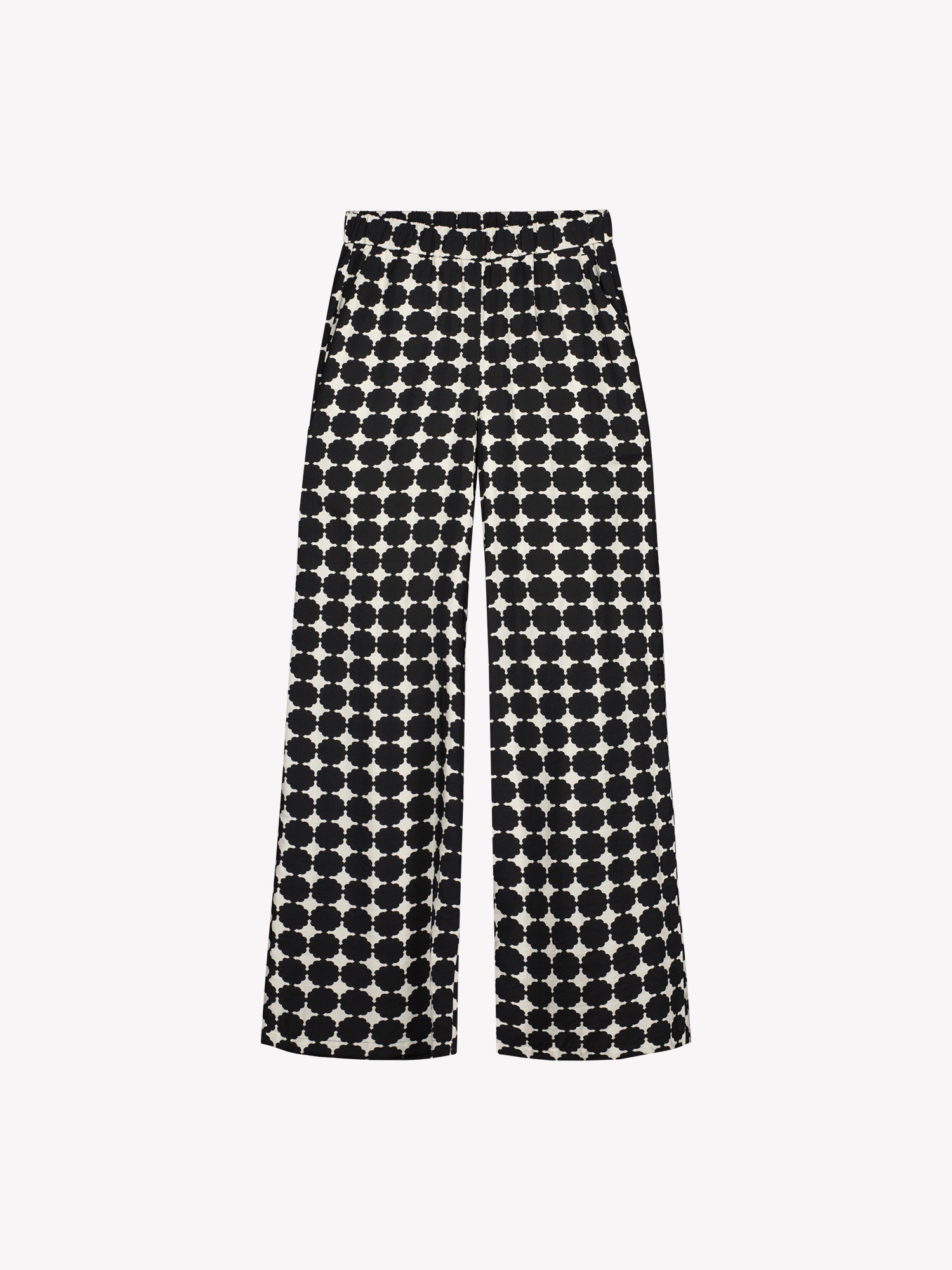Nanso women's wide-leg Avene trousers in a stylish black and white pattern, in a product picture.