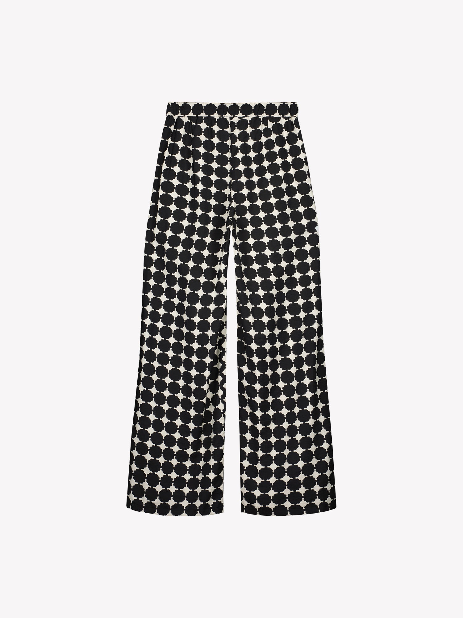Nanso women's wide-leg Avene trousers in a stylish black and white pattern, in a product picture from the backside